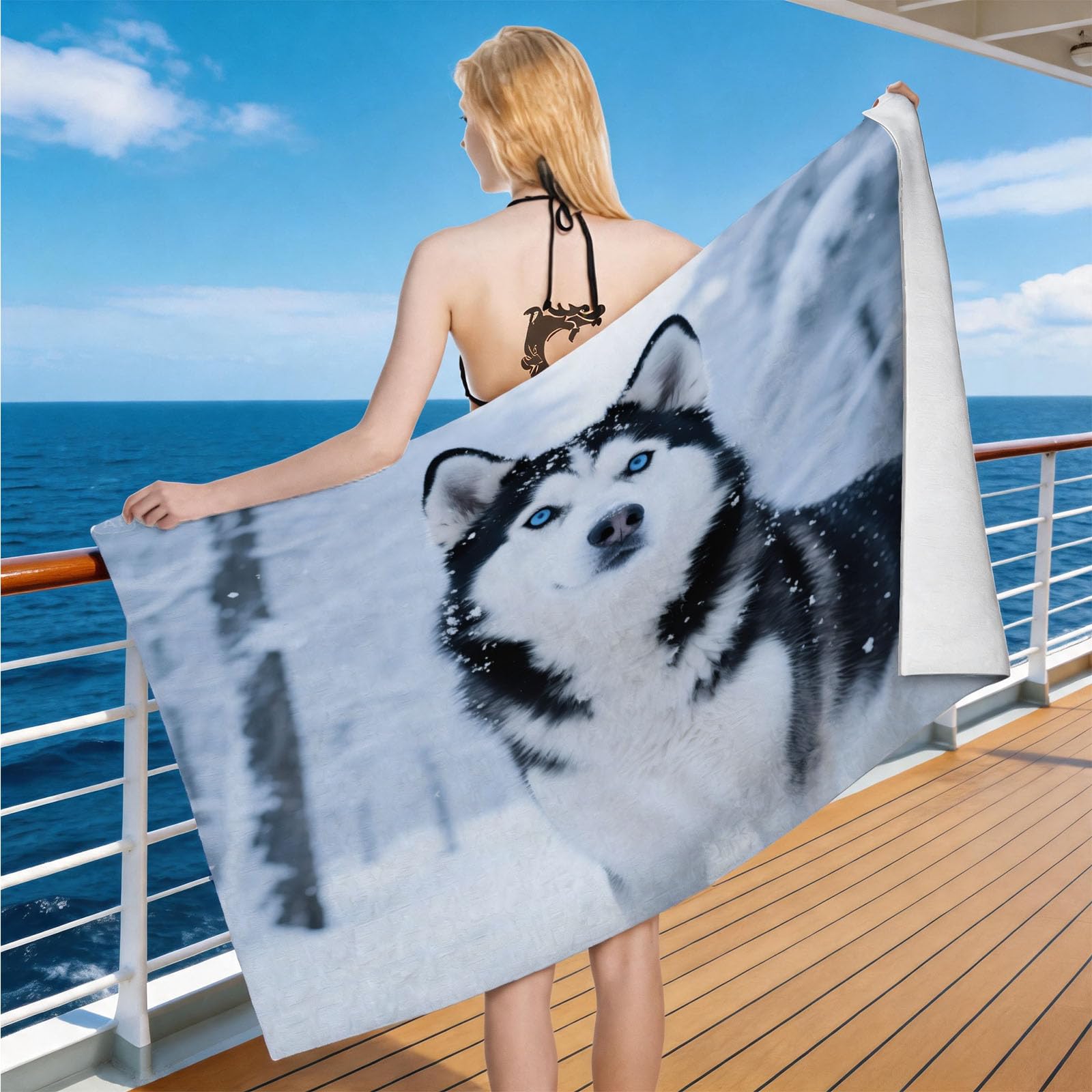 Hongduo Microfiber Quick Dry Beach Towel Snow Husky, 3D Cute Animals Beach Towels Absorbent Fast Drying Bath Towels, Travel Camping Gym Swimming Bathroom (70x150cm)