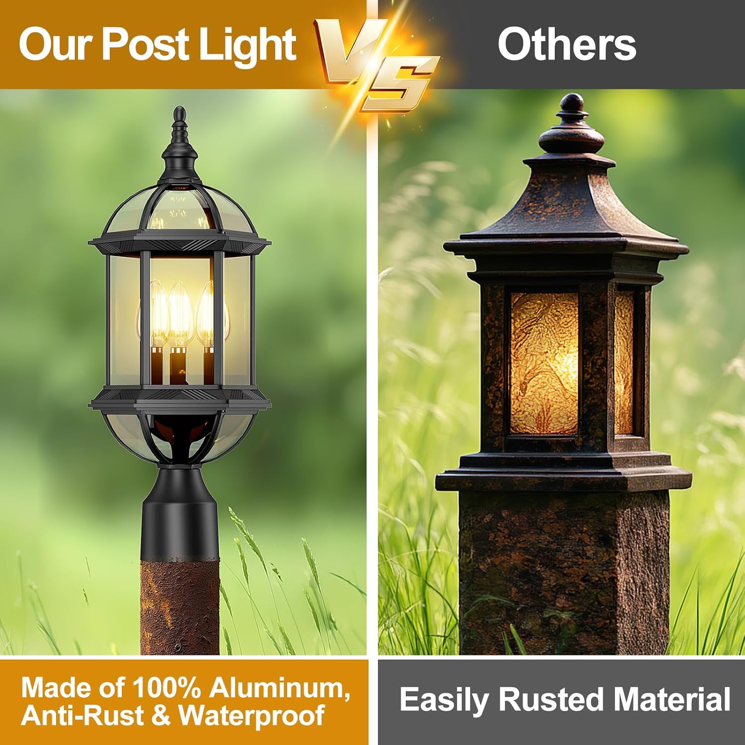 Outdoor Post Lights,19.21" 3-Light Lamp Post Light Fixture,Hardwired Exterior Waterproof Pole Lighting,Modern Black Aluminum Pillar Light for Garden, Yard, Patio, Pathway