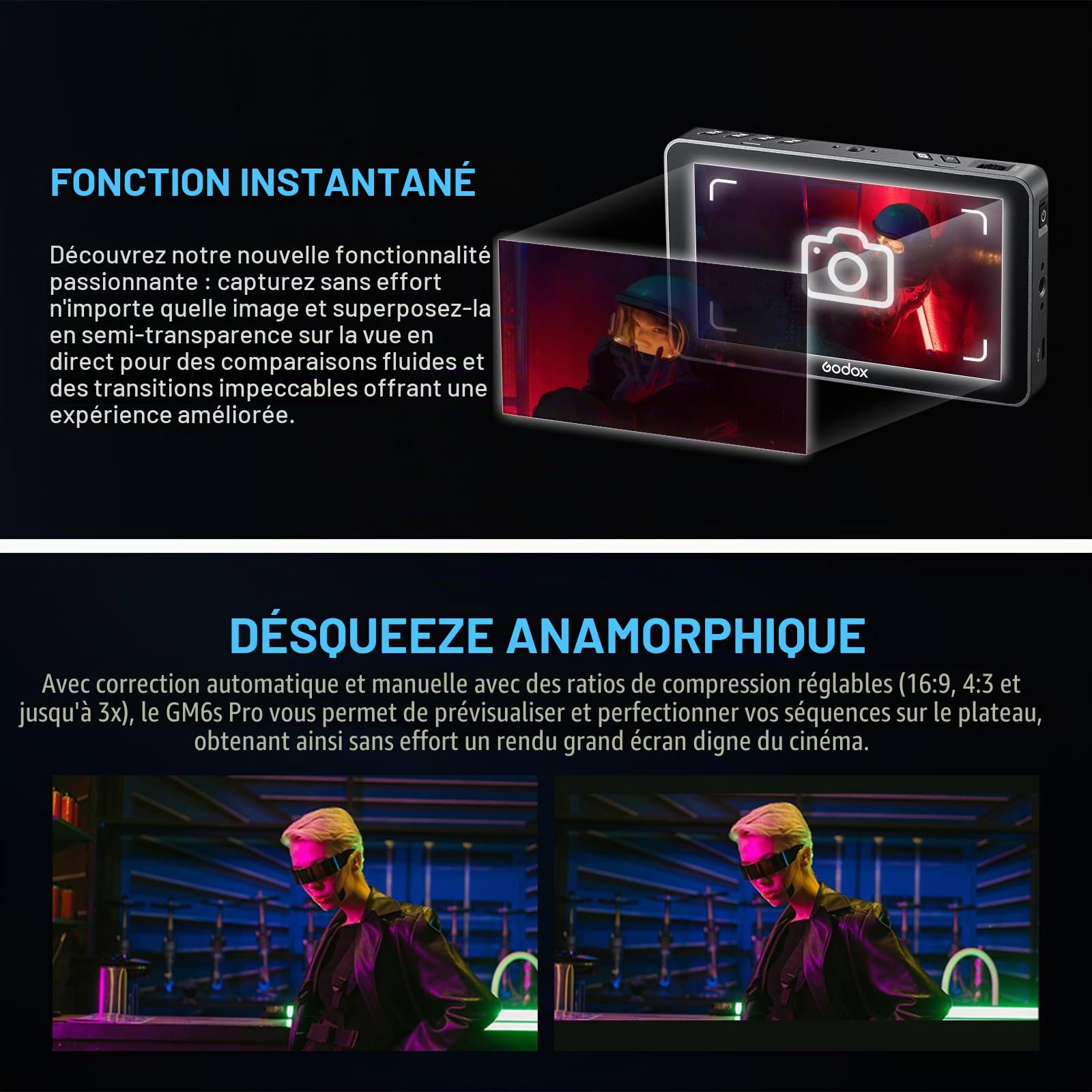 Godox GM6S Pro Kit1 5,5 Pouces 2000 Nits Écran Pivotant avec Télécommande Moniteur pour Appareil Photo 4K HDMI DSLR Moniteur de Terrain 1920*1080 IPS Contrôle Tactile avec Pare-Soleil et Support à Sem