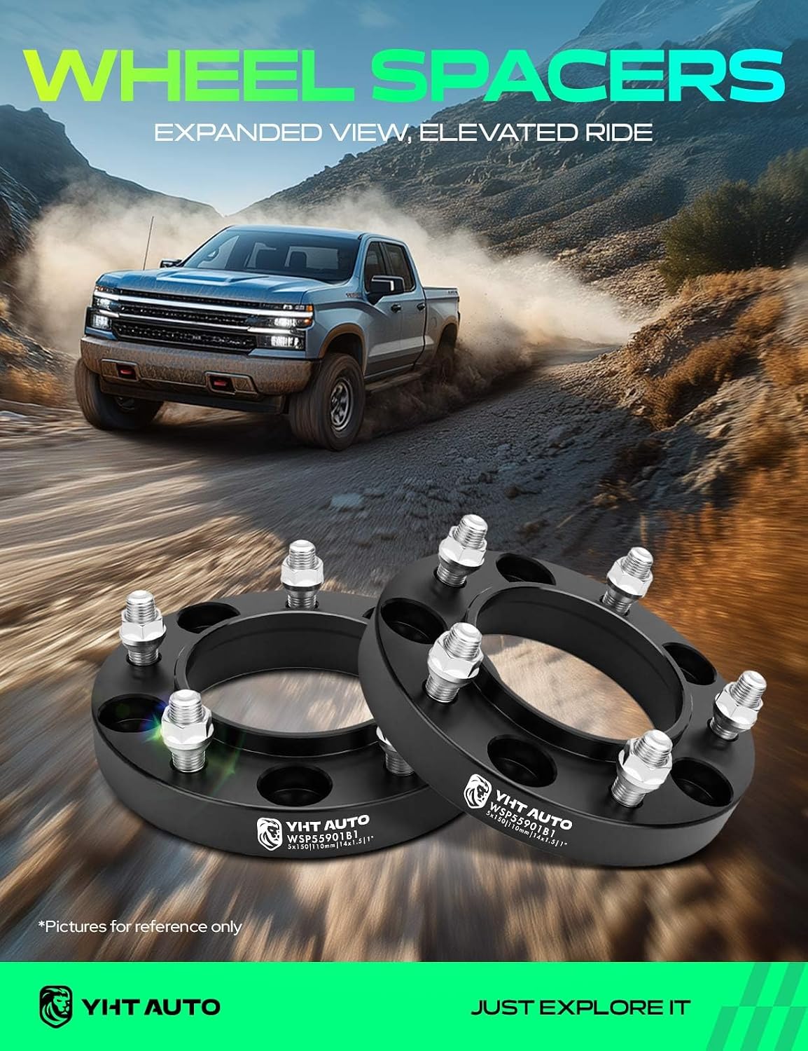YHTAUTO 5x150 Hub Centric Wheel Spacers 1 inch Fits Tundra 2007-2021, Sequoia 2008-2021, Land Cruiser 1998-2011 2013-2021, LX470, LX570 5 Lug Tire Spacers w/ M14x1.5 Studs, 110mm Hub Bore 2PCS Black