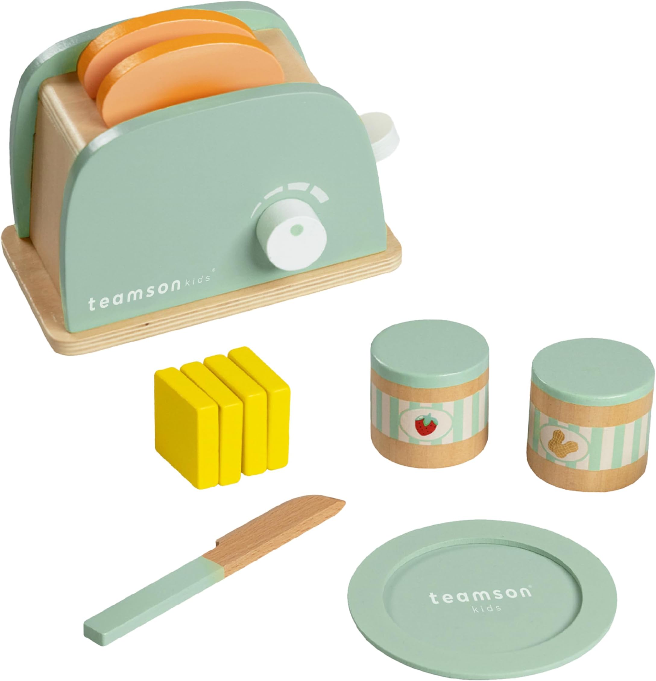 Teamson Kids Wooden Toaster Toy Play Kitchen Accessories 11 pcs Green TK-W00006