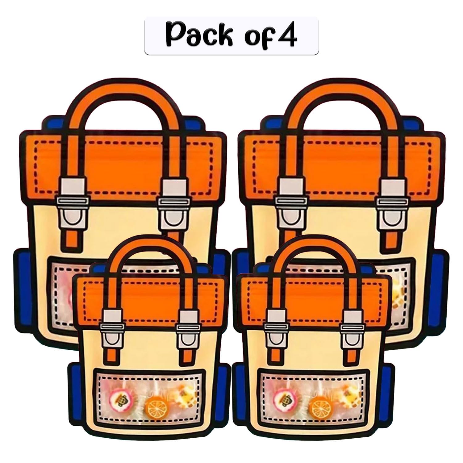 SKY FLEXI PACK – 4 Pcs, School Bag Themed Candy & Cookie Bags (Small: 18cm x 21cm, Medium: 24cm x 28cm, Orange) – Perfect Goody Bags for Kids, Ideal for Return Gifts for Birthday and Party Favors 2