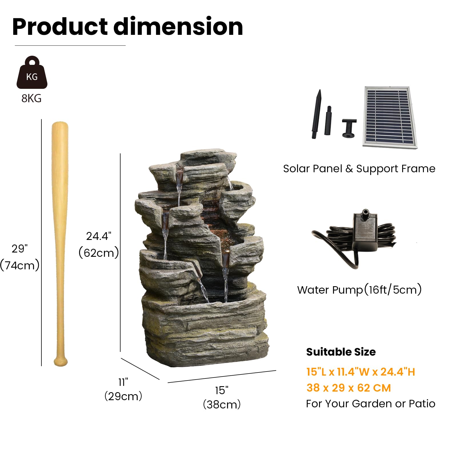 Bumilgar Solargetriebener 6-stufiger Kaskadenbrunnen mit LED-Beleuchtung, inkl. Pumpe & Solarpanel | 62 cm hoch, Steingrau für Terrasse, Balkon, Vorgarten | Natursteinoptik-Wasserfall, Außendeko