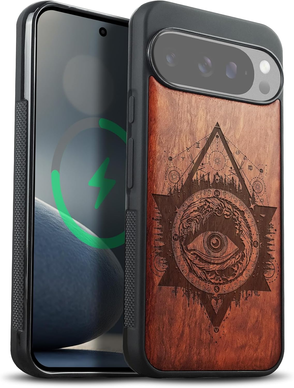 Carveit Magnetic Wooden Case for Google Pixel 10 Pro XL Case, Wood Artisan Engraved & Soft TPU Shockproof Cover, Compatible with MagSafe Wireless Chargers (Storm Eye) Walnut