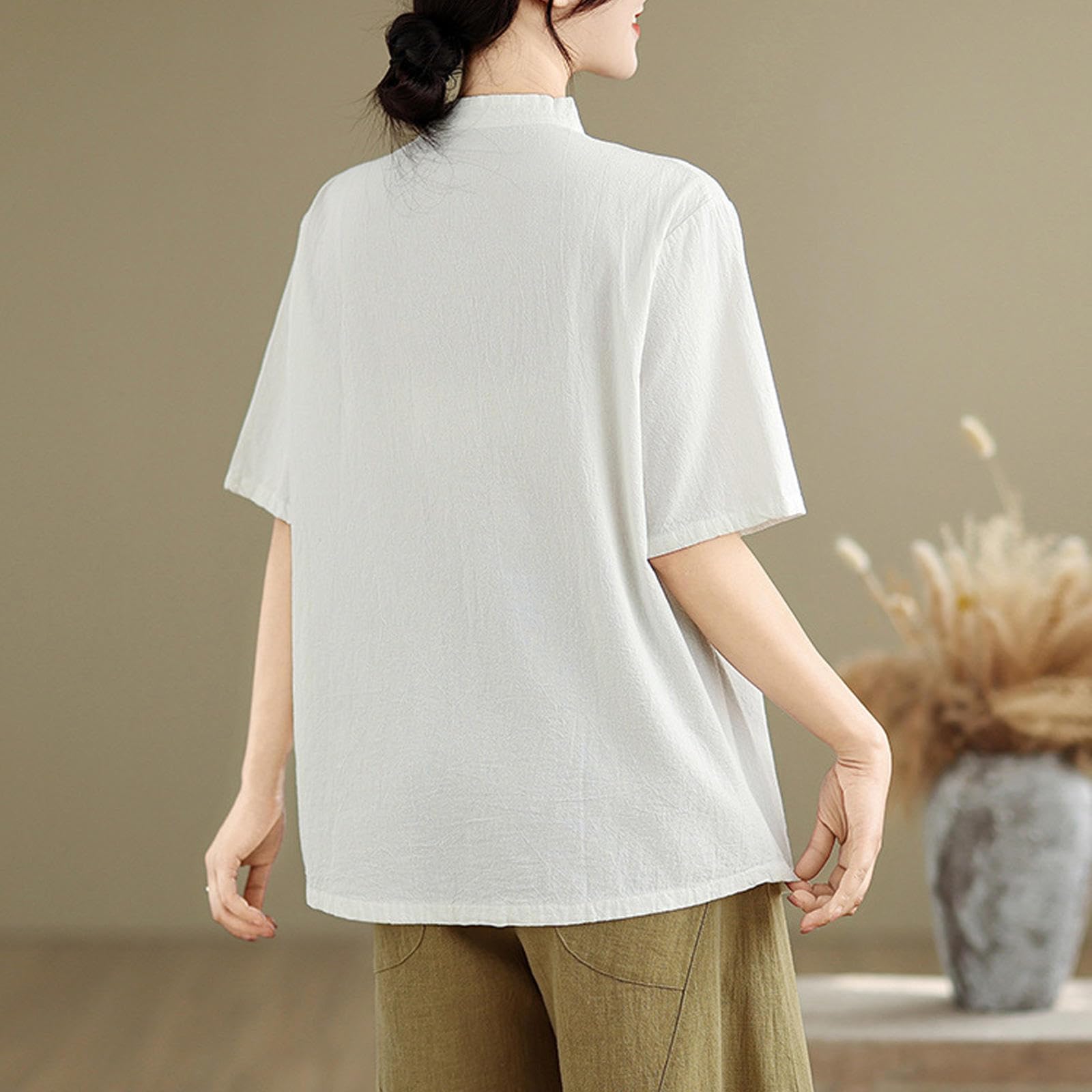 Tai Chi Uniform Damen Kung Fu Anzug Baumwolle und Leinen Kampfkunst Kleidung Mittellange Ärmel Zen Meditation,White-L