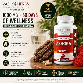 Vadik Herbs Ashoka Bark Capsules | Organic Saraca Indica | Since 1971 | Wildcrafted Whole Ashoka Bark 1000mg Women's Wellness & Hormonal Balance* Vegan Non-GMO Made in USA