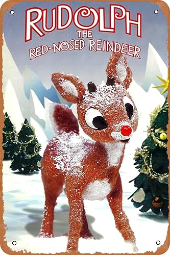 ZOUREEY Póster de dibujos animados de Rudolph, The Red-Nosed Reindeer Cartoon Poster Vintage Look Letrero de metal retro para regalo de Navidad,