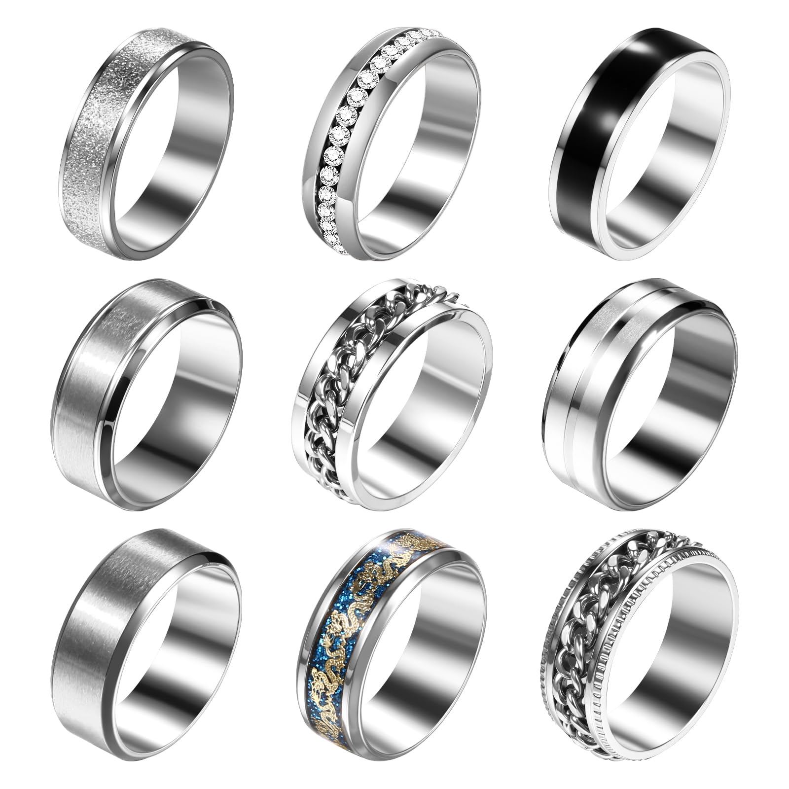 OIDEA Herren Ringe Set mit Zirkonia: 9 Stück Edelstahl Silbe