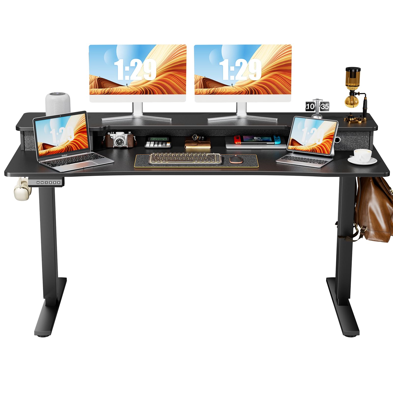 Height Adjustable Electric Standing Desk with Storage Shelf Double Drawer, 63 x 24 Inch Stand up Desk, Sit Stand Desk with Splice Board, Standing Table Black Frame/Black Desktop for Home Office