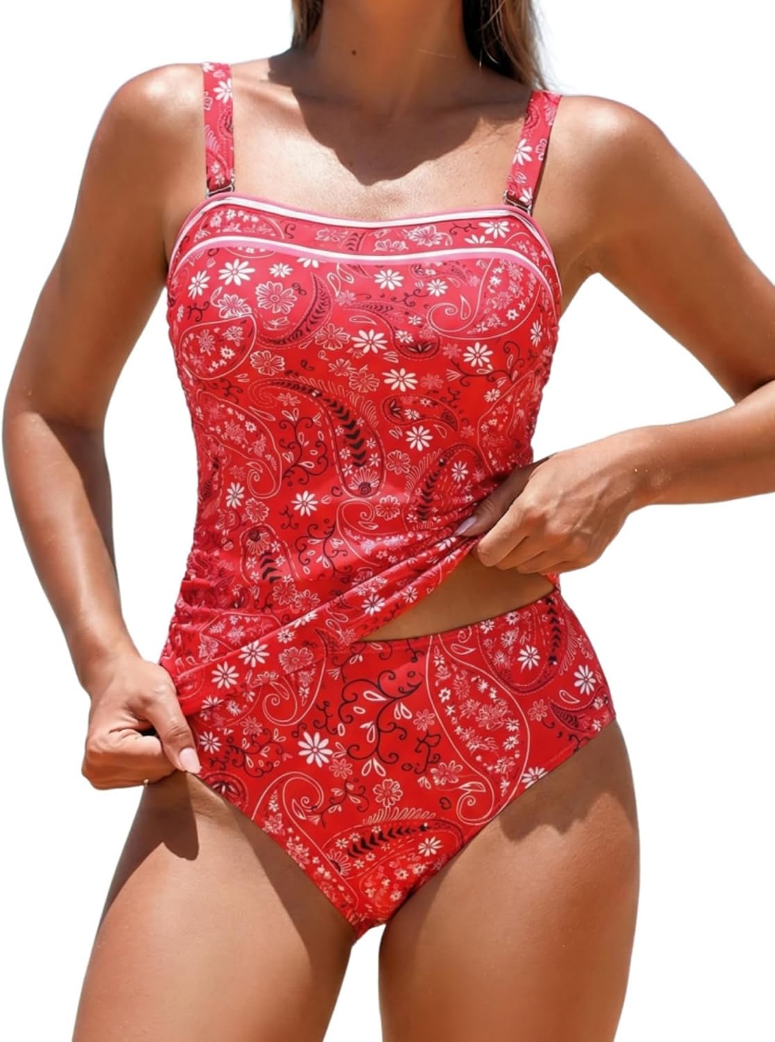 ZAFUL Women's Tummy Control Tankini Swimsuits Floral Print Two Piece High Waisted Bathing Suits Full Coverage Bikini Bottoms