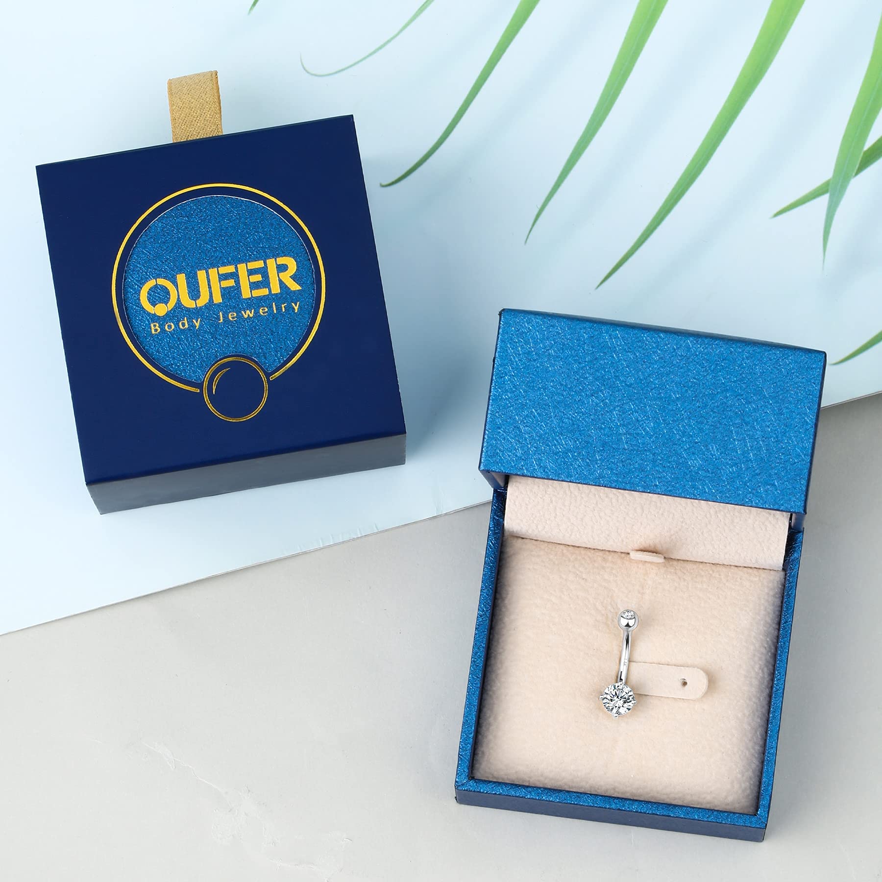 OUFER Body Piercing OUER 14G 14K Solid Gold Belly Button Ring Clear CZ Navel Ring Belly Bars