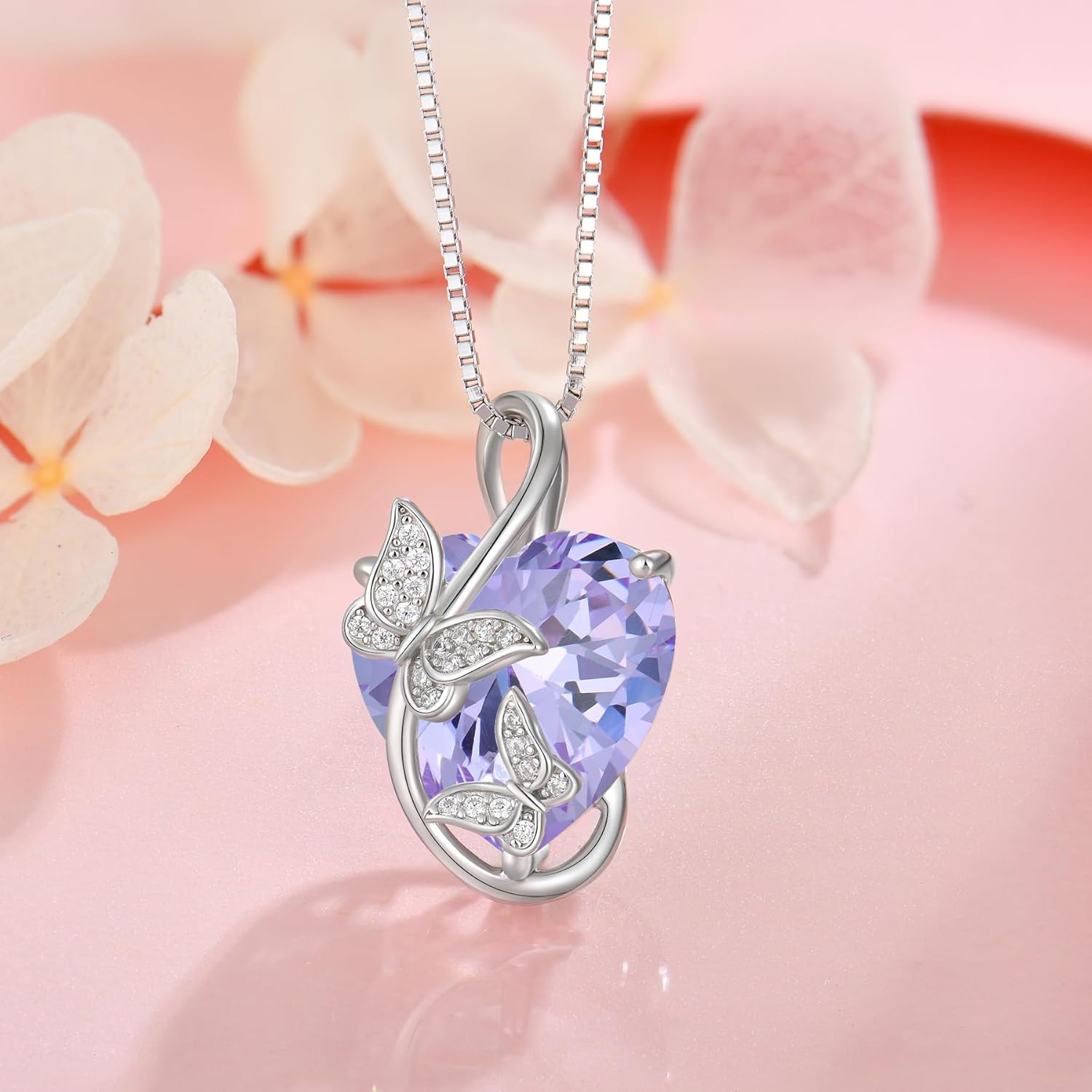 Women's Butterfly Heart Birthstone Pendant Necklaces 925 Sterling Silver 5A Cubic Zirconia Jewelry Gifts,Christmas Anniversary Birthday Gifts for Her - Image 3