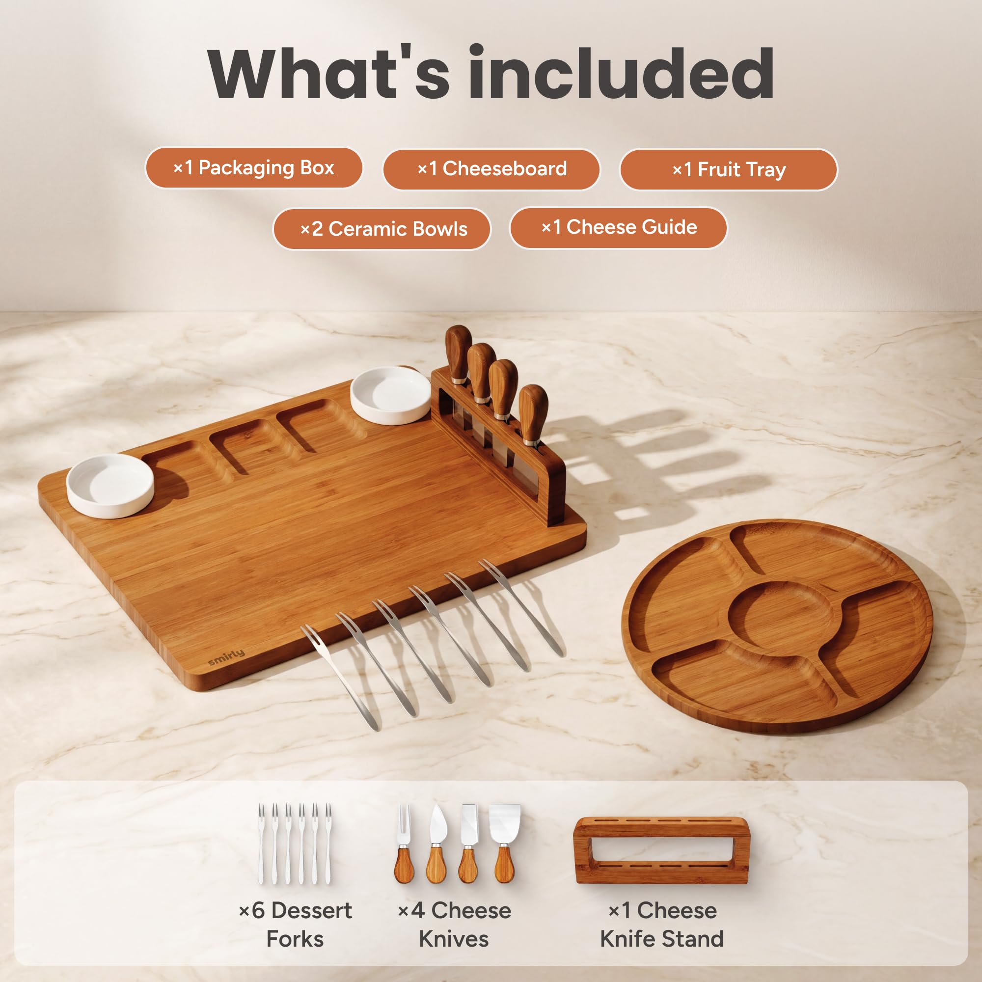 SMIRLY Coffret cadeau de planches à charcuterie : ensemble de planches à charcuterie, plateau à fromage plat en bambou marron V1-blanc – Cadeau de pendaison de crémaillère, cadeau de mariage pour