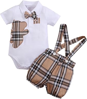 2pc Baby Boy Cute Summer Cartoon Bear Plaid Romper Bodysuit with Bow + Bib Pants Shorts Set Outfits