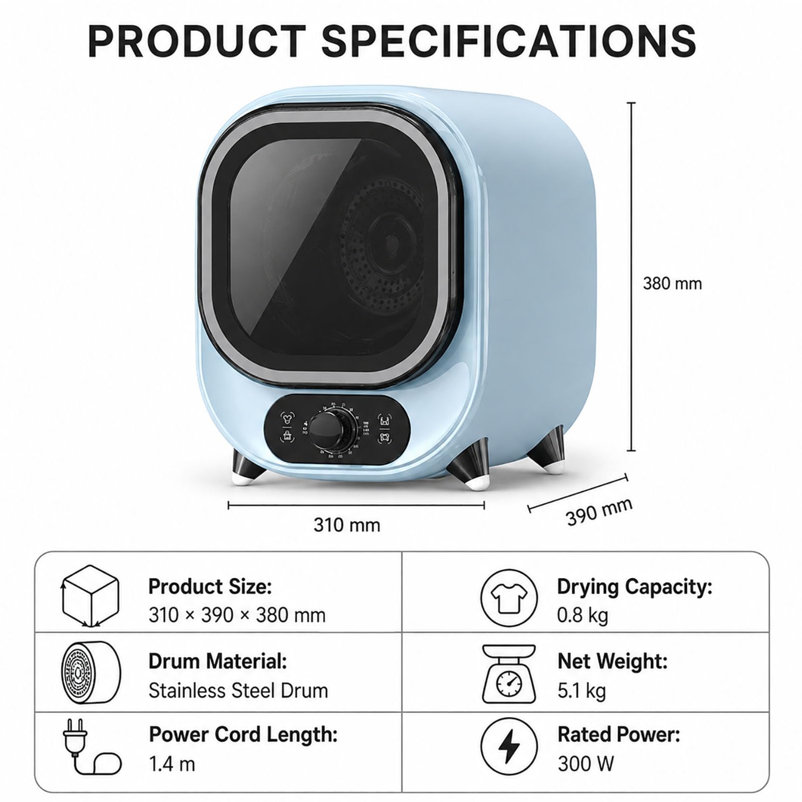 Mini suszarka 0,8 kg, 300 W, kompaktowa z bębnem ze stali nierdzewnej