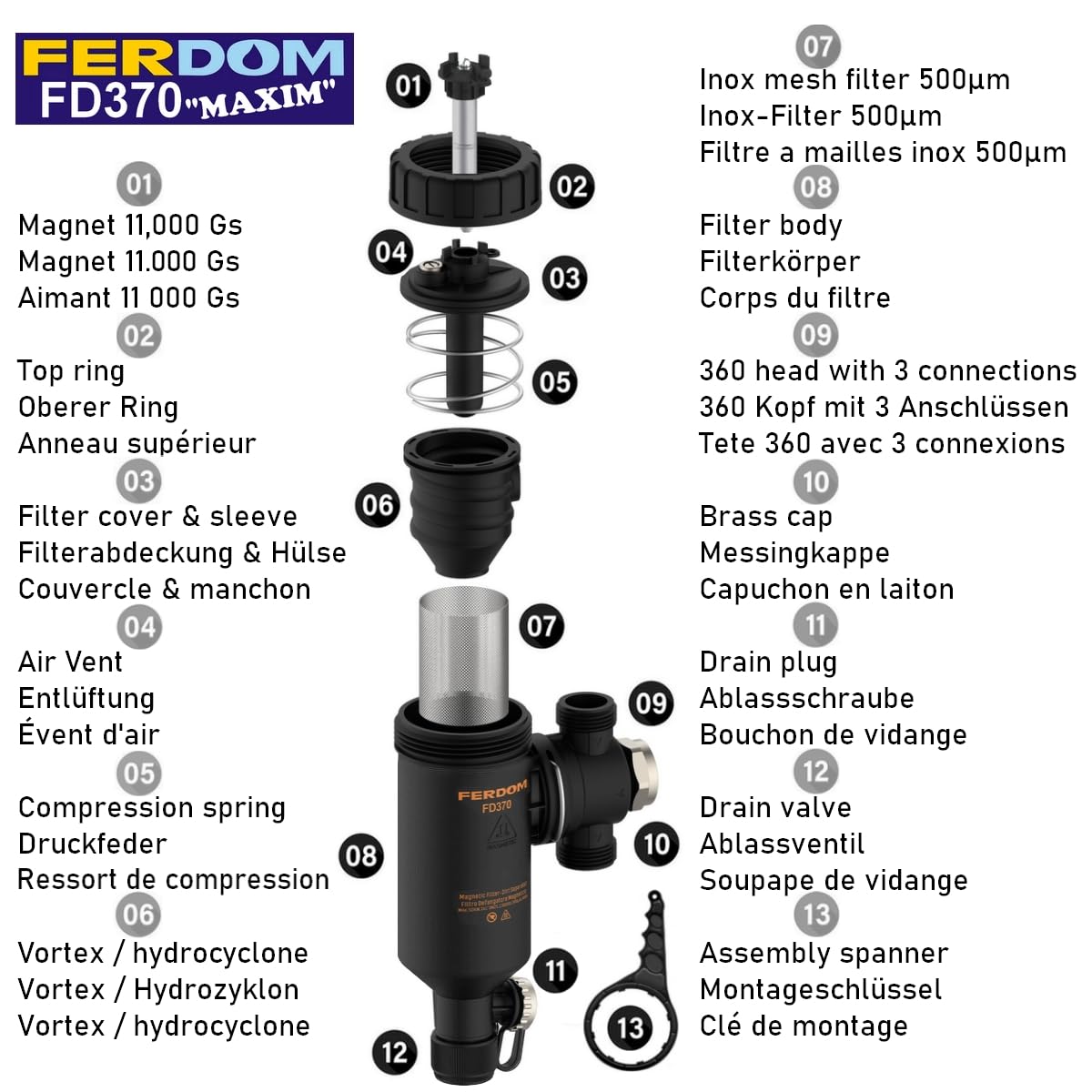FERDOM FD372 MAXIM 1" (DN25) Filtro Magnético/Hidrociclón 11000Gs Para Sistemas de Calefacción. Separador de Partículas No Magnético-Acero Inoxidable 1000µm. Max.50kW. 3 Conexiones/360°+2 Válvulas 1"