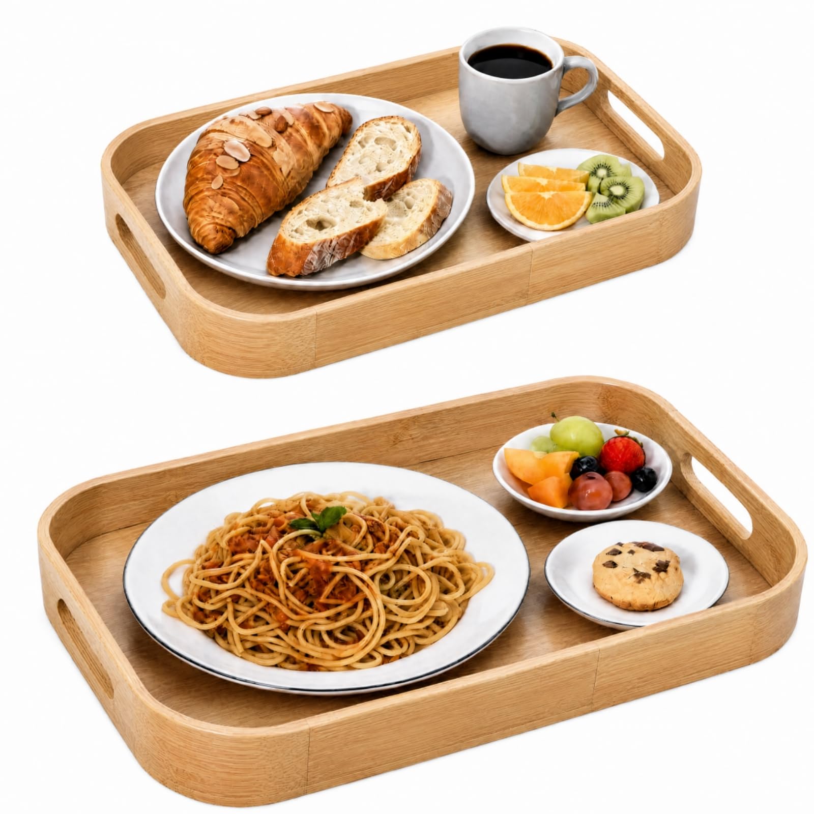 Dicunoy 2er Set Bambus Serviertablett,Massivholz Frühstückstablett mit Griffen,Große Bambus Essen Tablett Ideal für Abendessen, Tee, Kaffee, Bar, Partys (40 x 28 x 5 cm,33 x 22 x 4 cm)