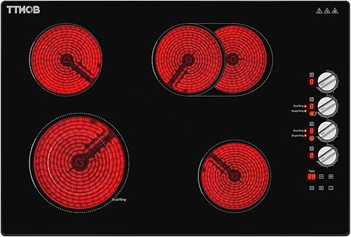 TTHOB Estufa eléctrica de 30 pulgadas, 4 quemadores, 220-240 V, 6800 W, radiante integrado, temporizador, bloqueo para niños, indicador de calor