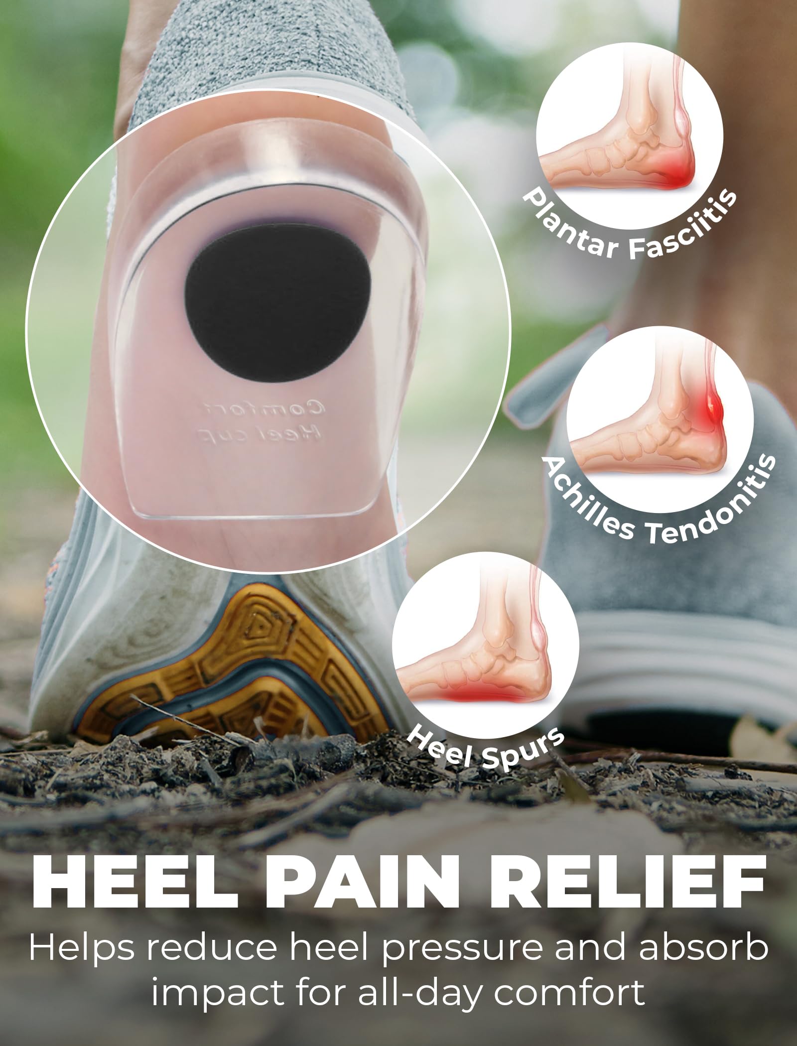 Almohadillas de gel para el talón, 2 talones para el dolor de talón, para fascitis plantar, espolones óseos, alivio del dolor, protectores de pies doloridos o magullados, alivio del dolor de pies,