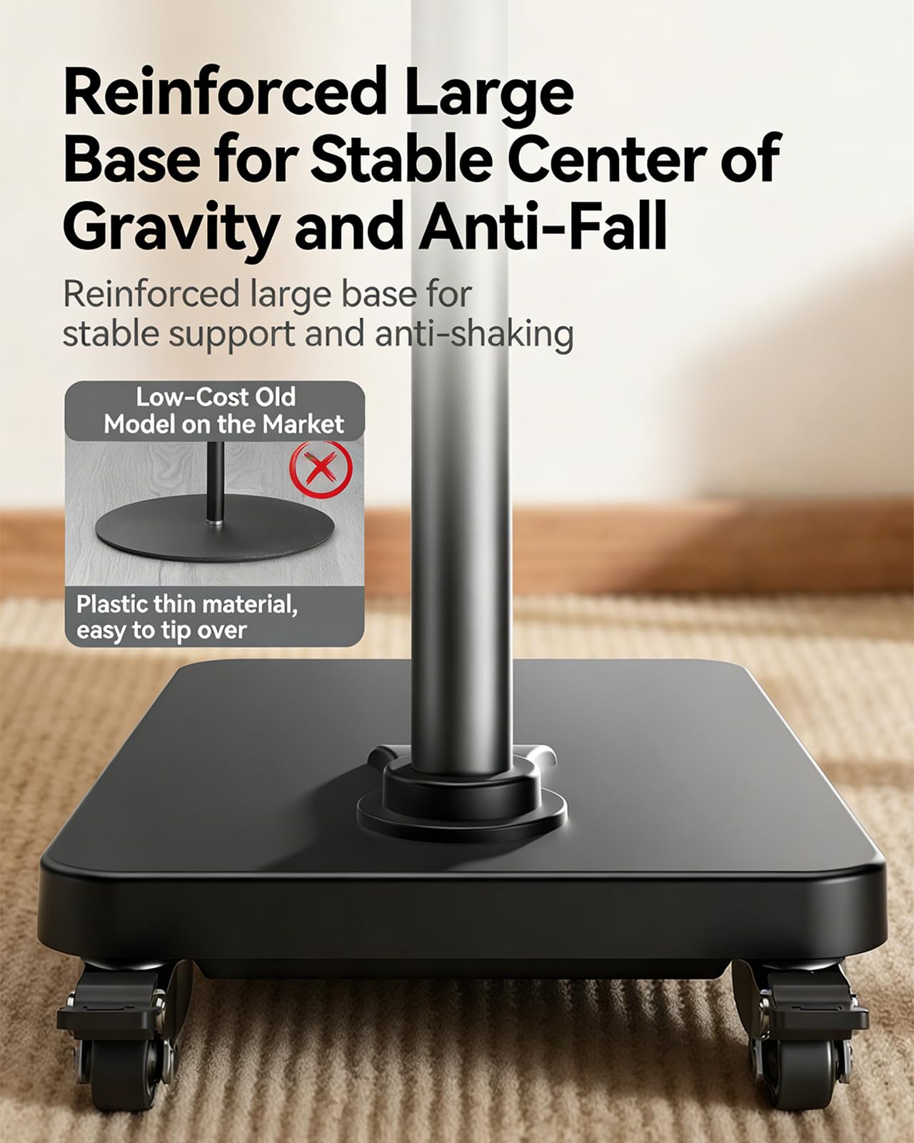 Soporte de Piso para Tableta, Soporte para Tablet con Brazo Ajustable de 720° con Patines con Freno de Pie de 360°, Chasis Reforzado, Soporte para Teléfono con Brazo Mecánico de 3 Secciones para Table