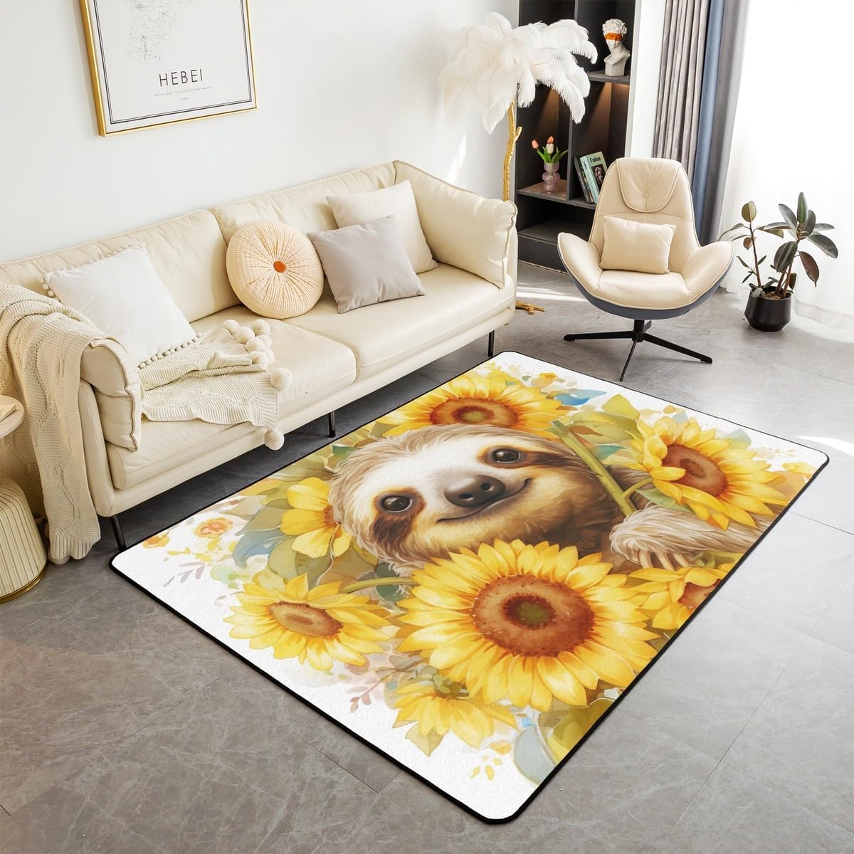 Castle Fairy Cartoon Sloth Area Rug 3'x5' Retro Yellow Sunflowers Rustic Style Non Slip Rug for Kids Boys Girls Teens Watercolor Lovely Wild Animal Indoor Floor Mat for Couch Chairs