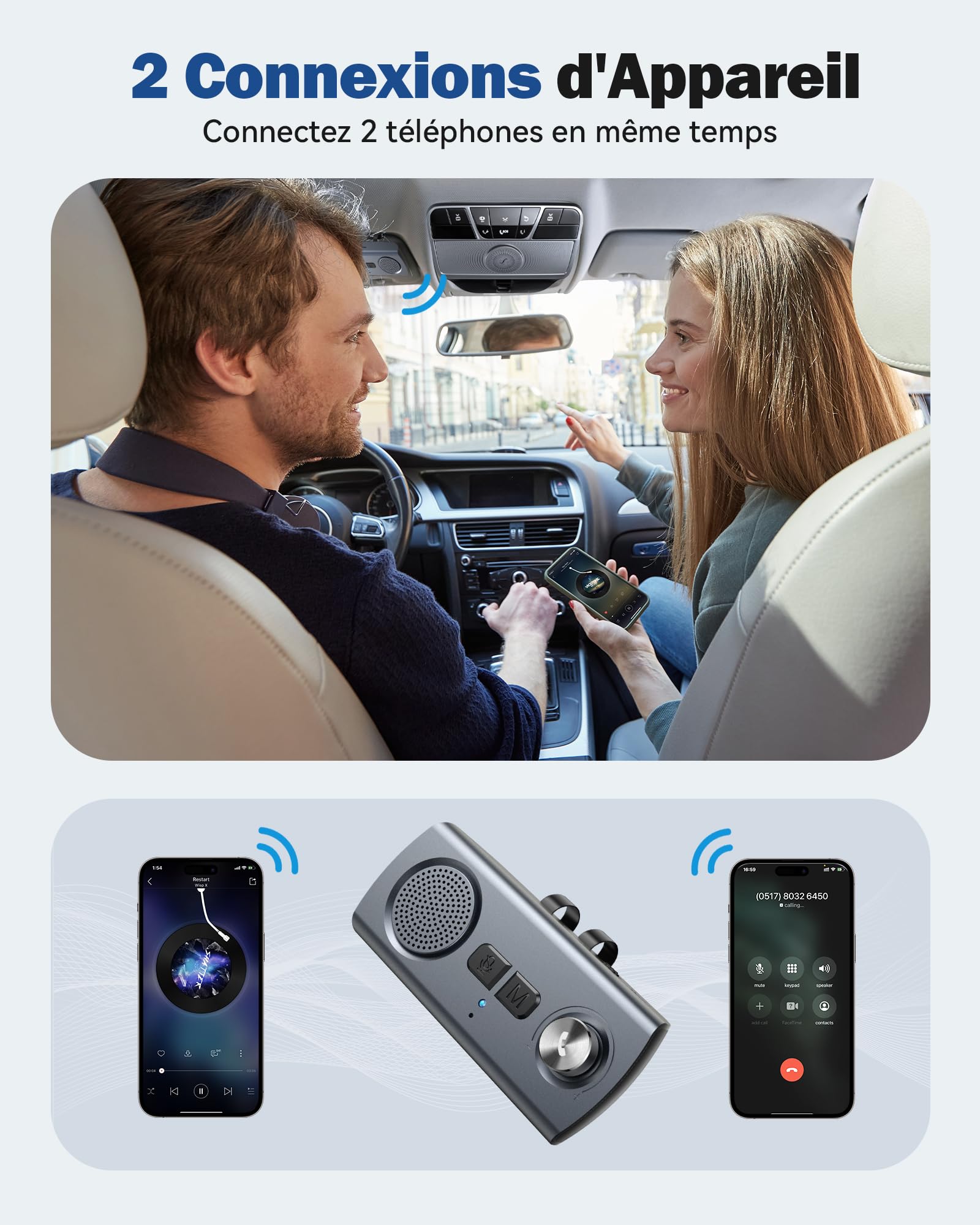 AGPTEK Kit Main Libre Voiture Bluetooth 5.3, GPS Haut-Parleur Micro Musique avec Bouton de Volume Assistant Siri&Google Auto Reconnexion, Enceinte Voiture Pare-Soleil 800mAh Slot Carte TF