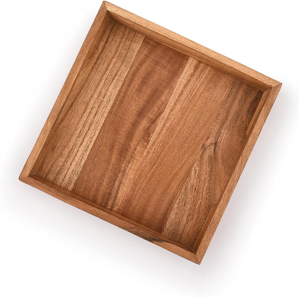 Samhita Acacia Wood Serving Tray with Handles,Wooden Serving Tray, Snack Tray, Breakfast Tray, Great for, Breakfast, Coffee |Size- 10" x 10" x 1.75" - Image 4