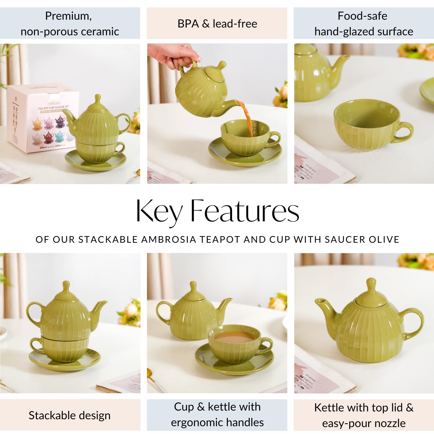 Nestasia Ceramic Tea Set for One (Olive Green) | Stackable, Ergonomic, Ribbed Design, BPA & Lead-Free, Cup and Saucer Set with Kettle | Perfect for Tea, Coffee & Gifting 3