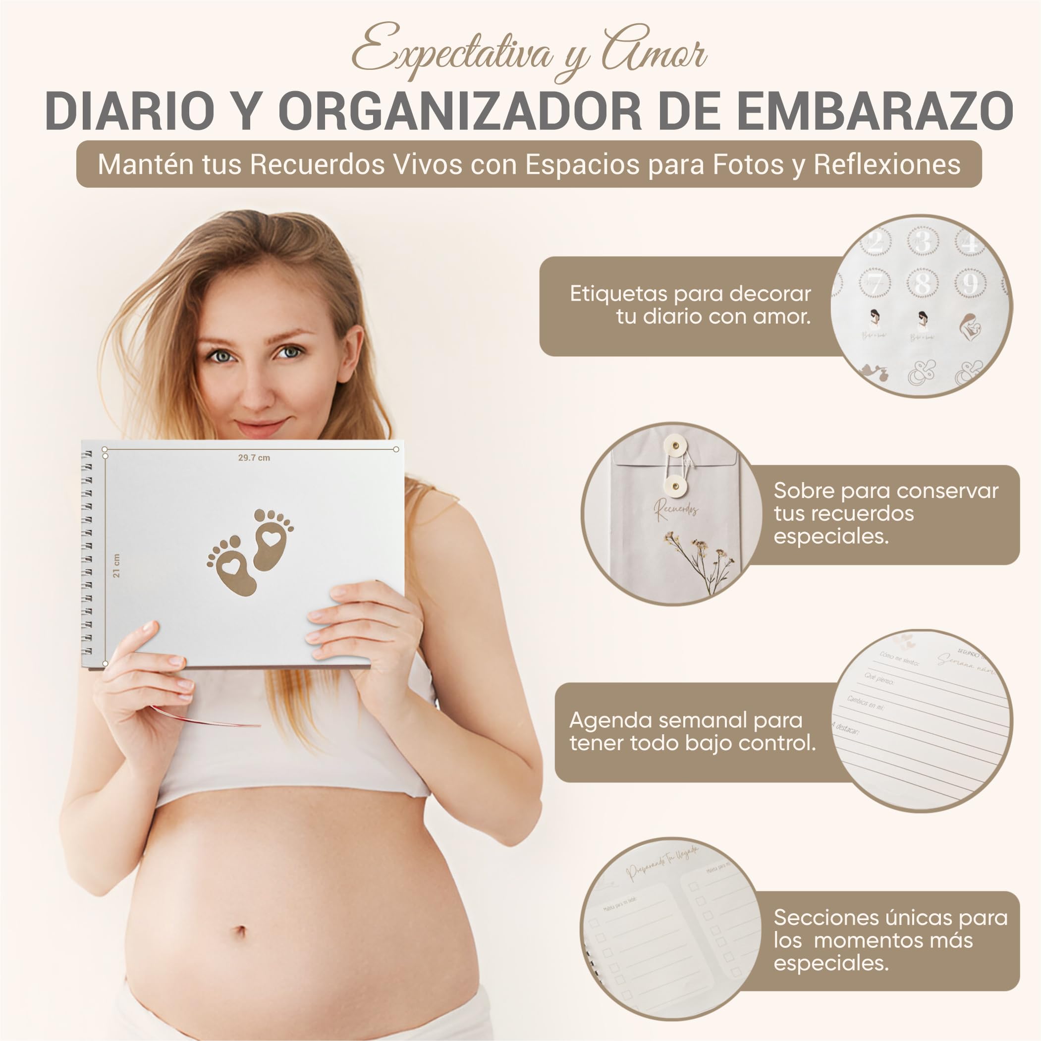 Diario de Embarazo - Libro de Embarazo Futuras Mamas - Agenda Semanal - Recuerdos y Fotos de Embarazo - Regalo para Embarazada - Set Completo con Pegatinas y Tapa Dura