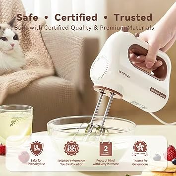 300W Compact Lightweight Electric Hand Mixer, with Powerful Quiet DC Motor for Baking, Cake, Brownies, Cookie Dough, Ideal for Home Kitchen (White)
