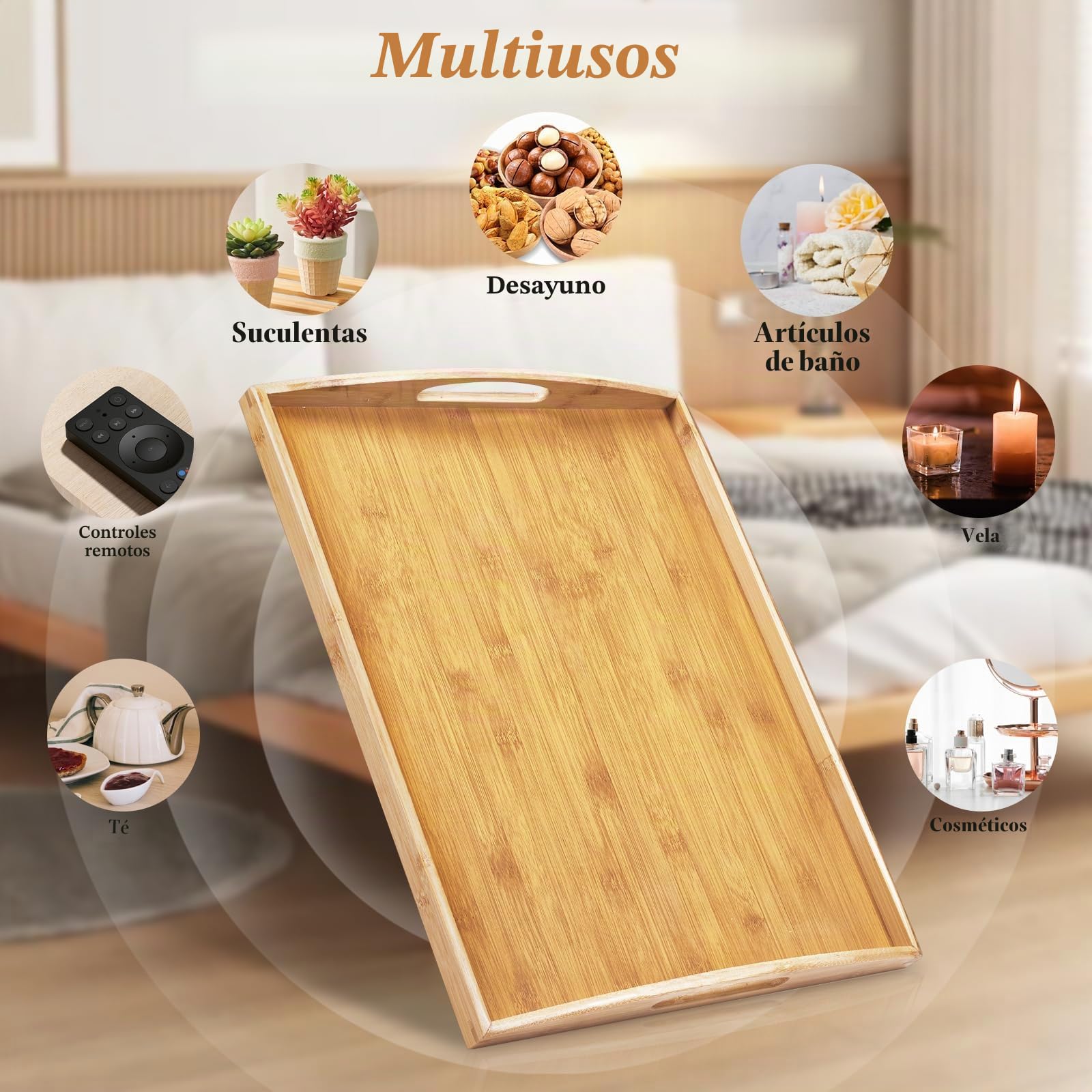 Bandeja de Bambú para Servir con Asas, Bandeja Madera Rectangular, Bandejas de Cocina para Desayuno, Comida, Té, Mesa de Café (50 × 40 CM)