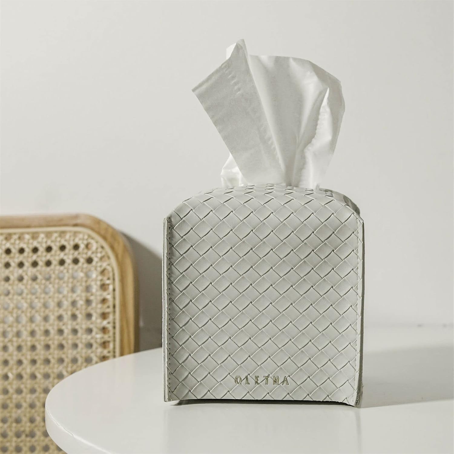 OLETHA Square Tissue Box Cover, Aesthetic Desk Decor, Woven Embossing, Grey image 2