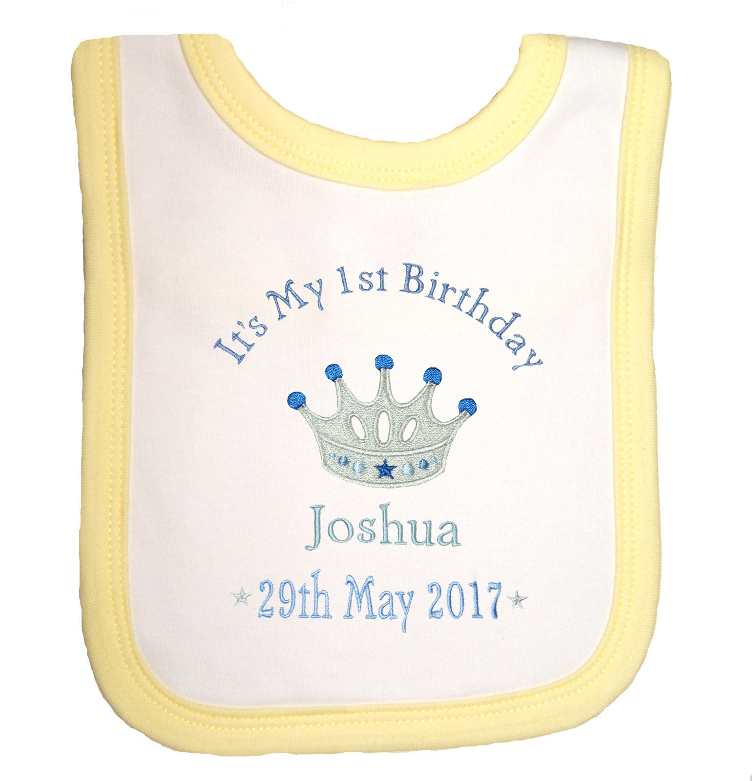Boy’s Personalised 1st Birthday Bib (White with Lemon Trim)