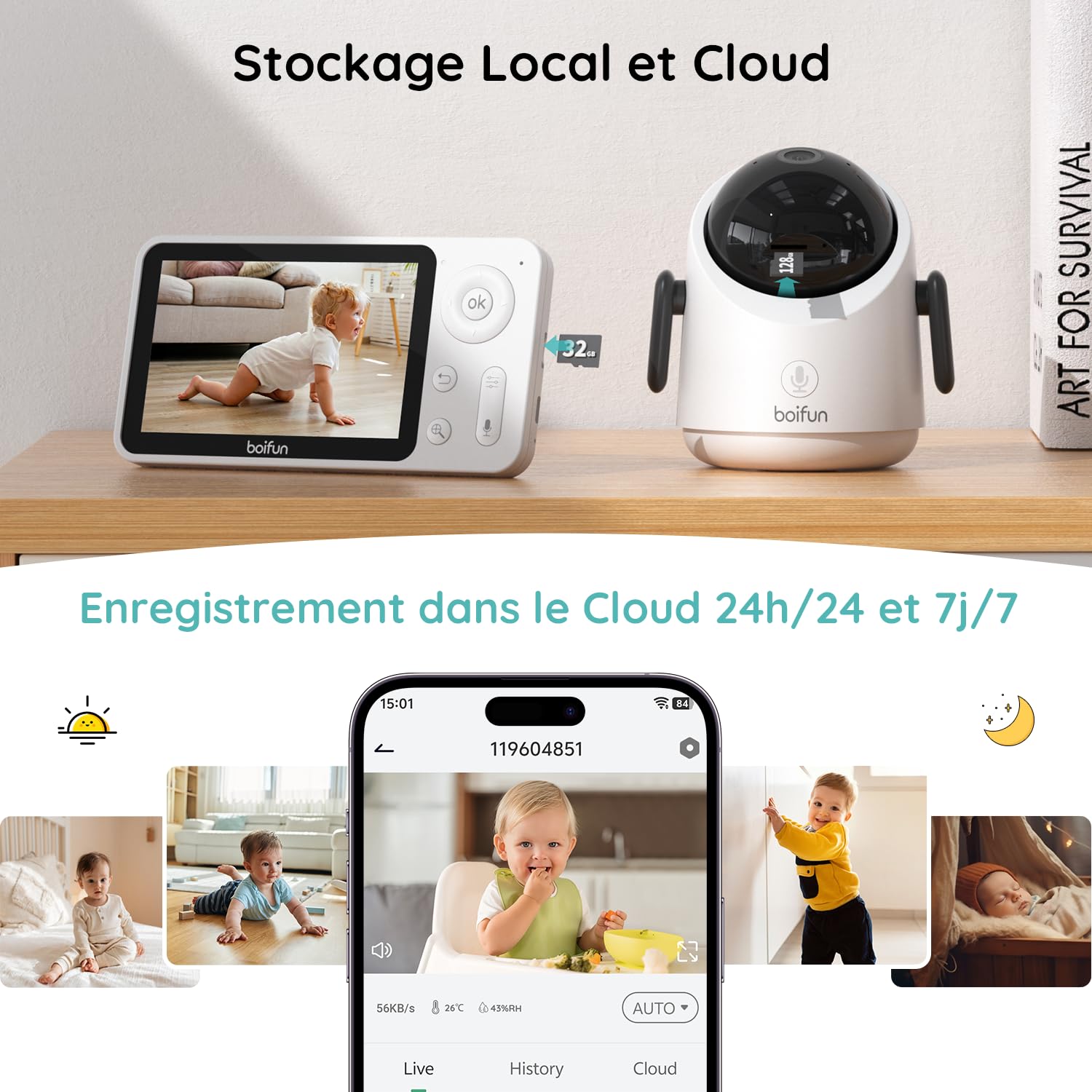 BOIFUN Babyphone 2 Cameras, Écran Divisé, Application Mobile et Moniteur 4,3" 1080P, Détection Intelligente, Suivi Automatique 360°, Zoom 4X, Double Protection de la Vie Privée