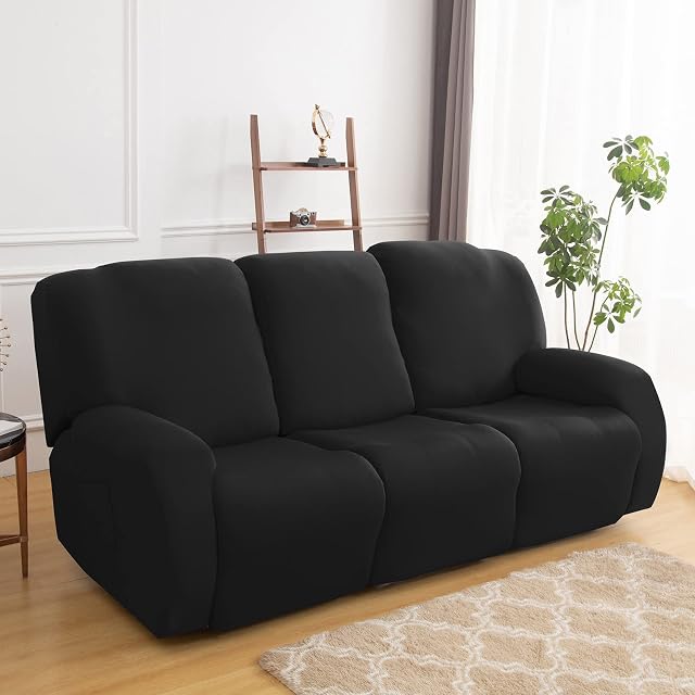 Qelus 8-Piece Recliner Slipcover Sofa Slipcover Couch Covers Stretch Armchair Cover Non-Slip Furniture Protector Elastic Spandex Soft Recliner Chair Protector with Side Pocket(3 Seater Black)