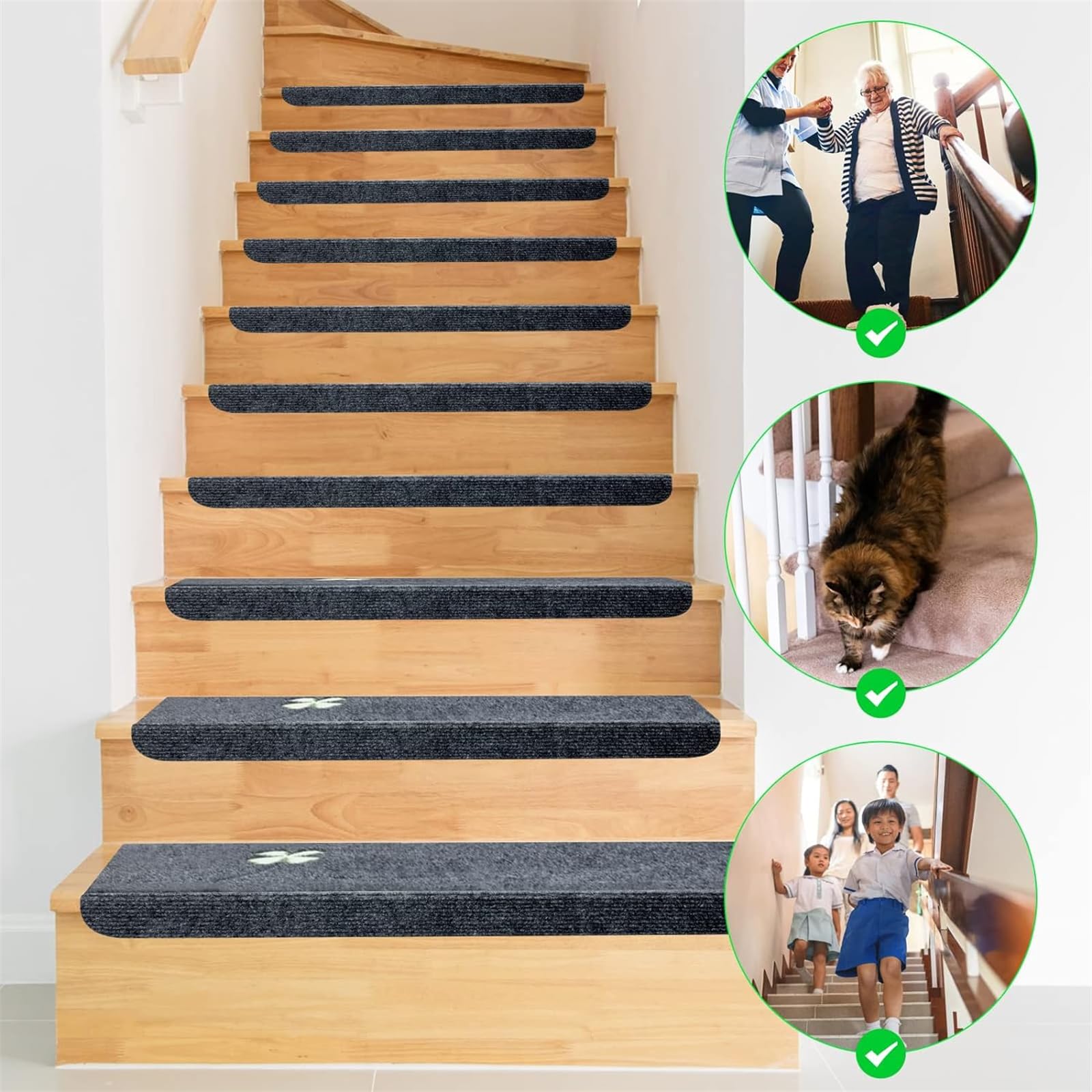 Tapis D'escalier Antidérapant Autocollant - 2 Pièces Vert (55x22x4,5 Cm) - Pour Sécuriser Marches, Enfants, Personnes âgées, Animaux