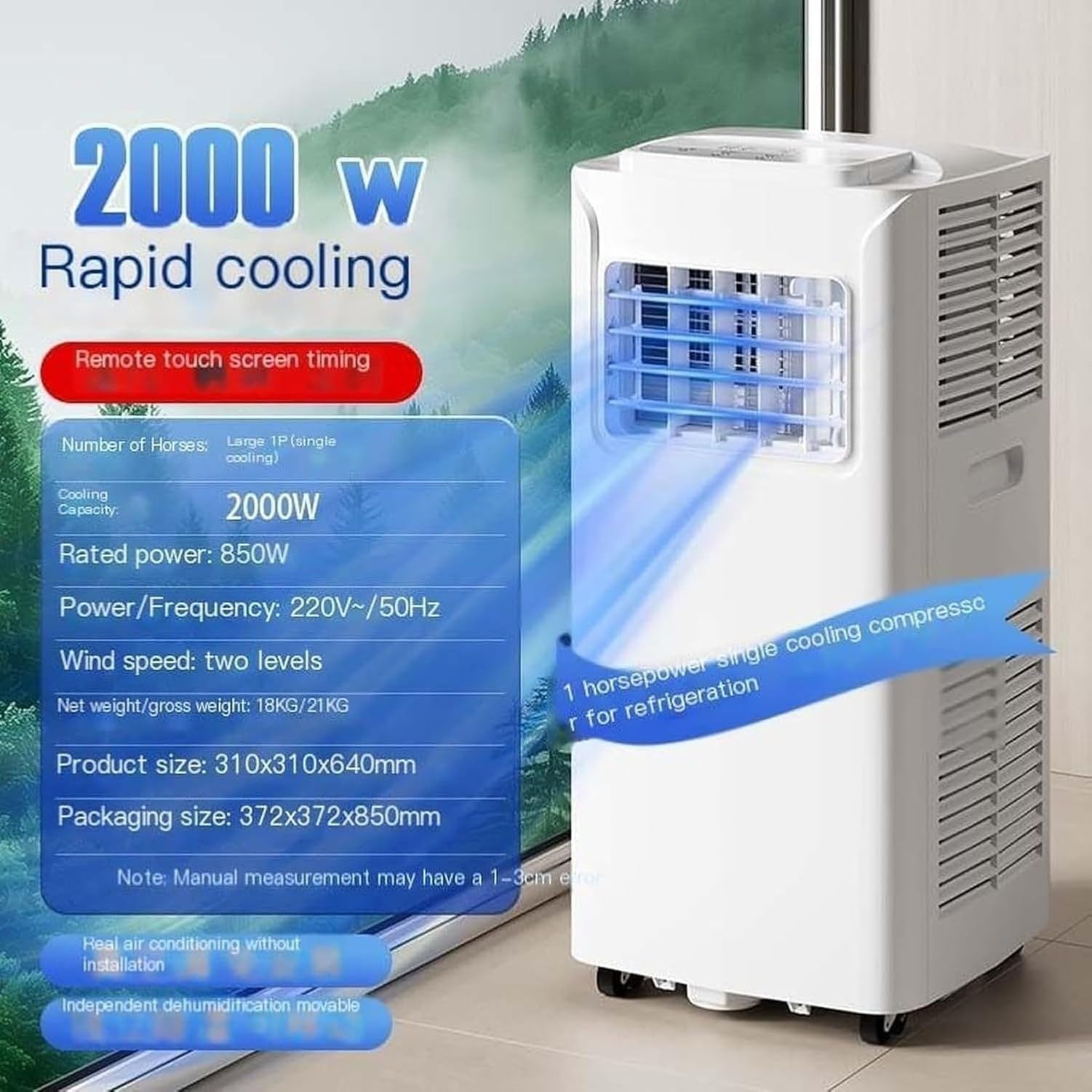 Aire Acondicionado Portátil 12000 BTU Enfría 30 m², Control Remoto, Temporizador 24H, Kit de Instalación, 2 Velocidades y Oscilación, con Enchufe, 7000 Btu, 7000 BTU