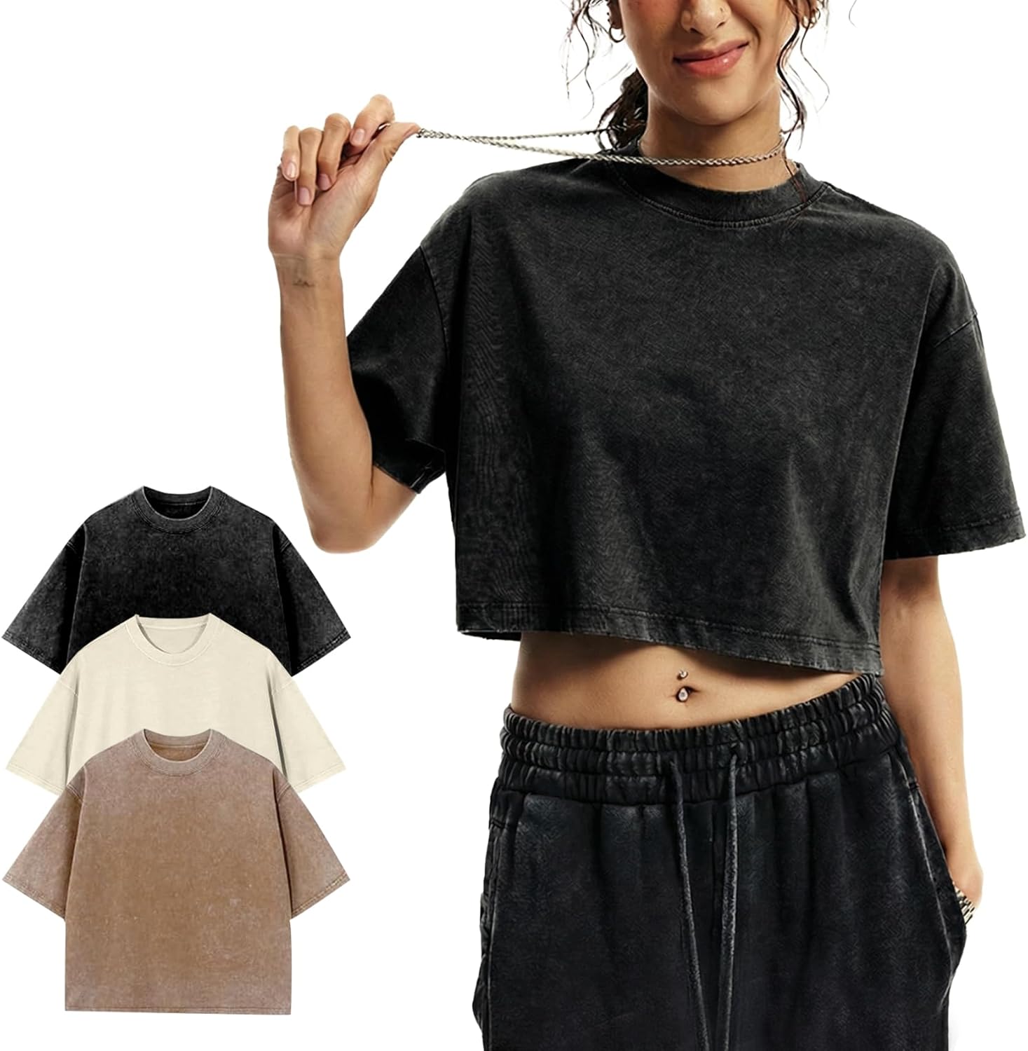 Yimoon Cropped T Shirts for Women Vintage Acid Wash Tees Short Sleeve Cotton Crop Top