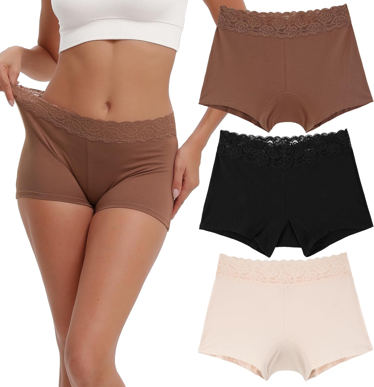 INNERSY Women's Lace Underwear Cotton Soft Boyshorts Panties Boxer Briefs 3-Pack