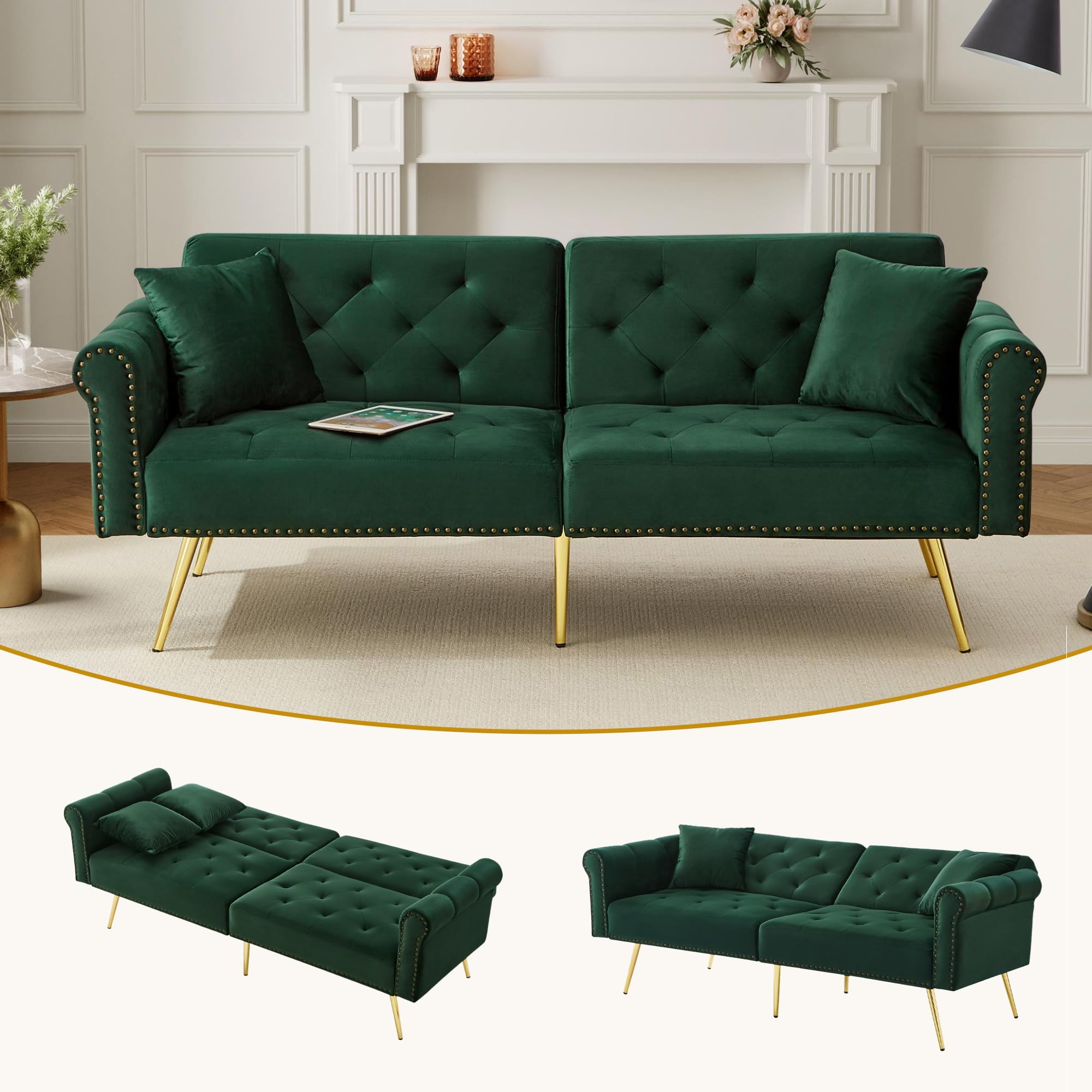 Tapicerowana nowoczesna sofa do spania, oparcie z 3-stopniową regulacją i pozłacanymi metalowymi nóżkami z funkcją spania, gąbka, do małych pomieszczeń (antyczna zieleń)