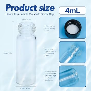 4mL Clear Glass Vials, Small Glass Bottles with Screw Caps and PE Septa, Leak-Proof Liquid Sample Storages Bottle for Reagent, Oil, Pack of 20 | Small glass bottles with screw cap and PE-Septa