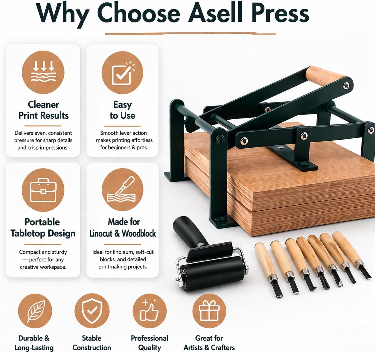 AsellPress Linocut Printing Press Machine – Beech Plywood, Compact & Durable Hand Press for Linoleum Block Printmaking, Artists, Students & Hobbyists (A3, A4, A5 Options) (A3)