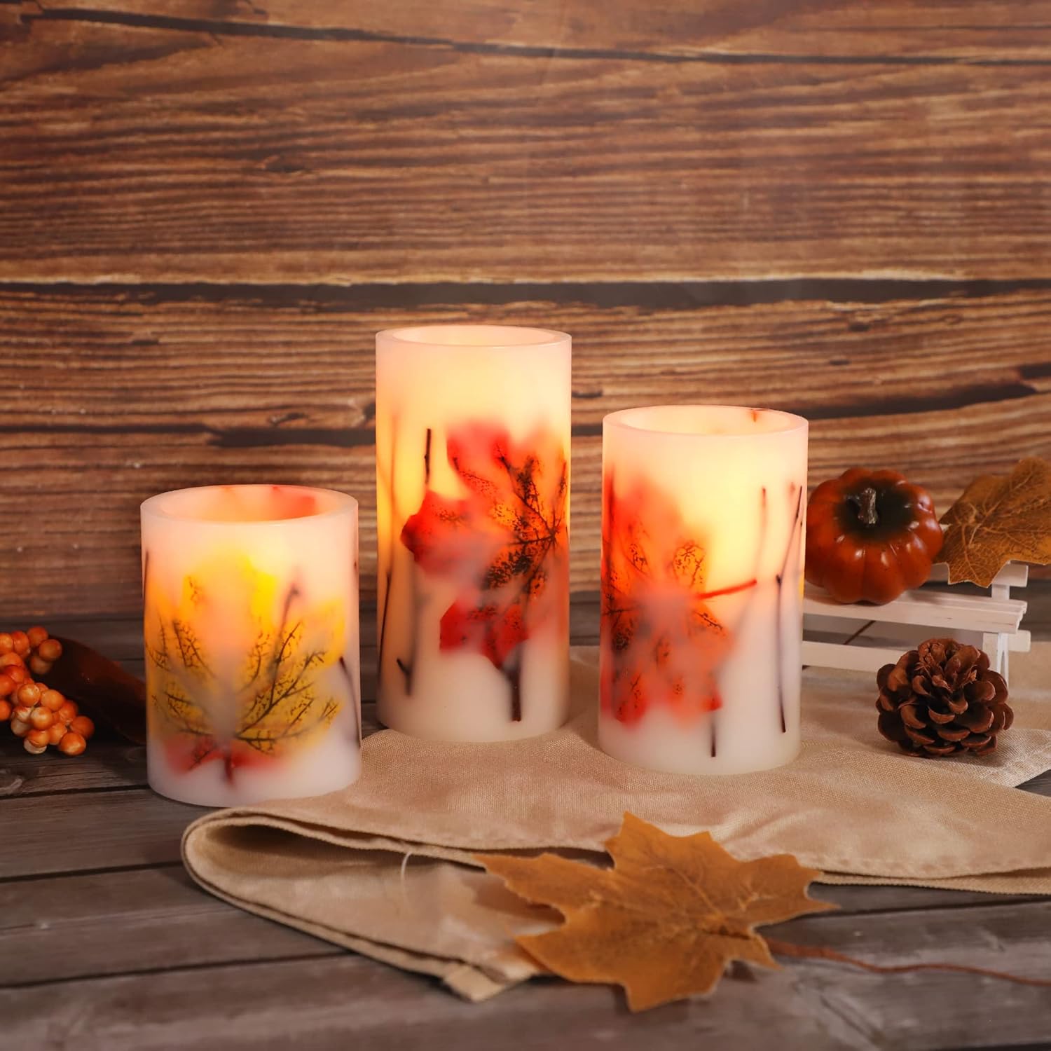 Crystal Club Fall Flameless Candles with Remote and Timer, Autumn Maple Leaves Battery Operated Candles Flickering LED Pillar Candles for Autumn Harvest Halloween Thanksgiving Decor