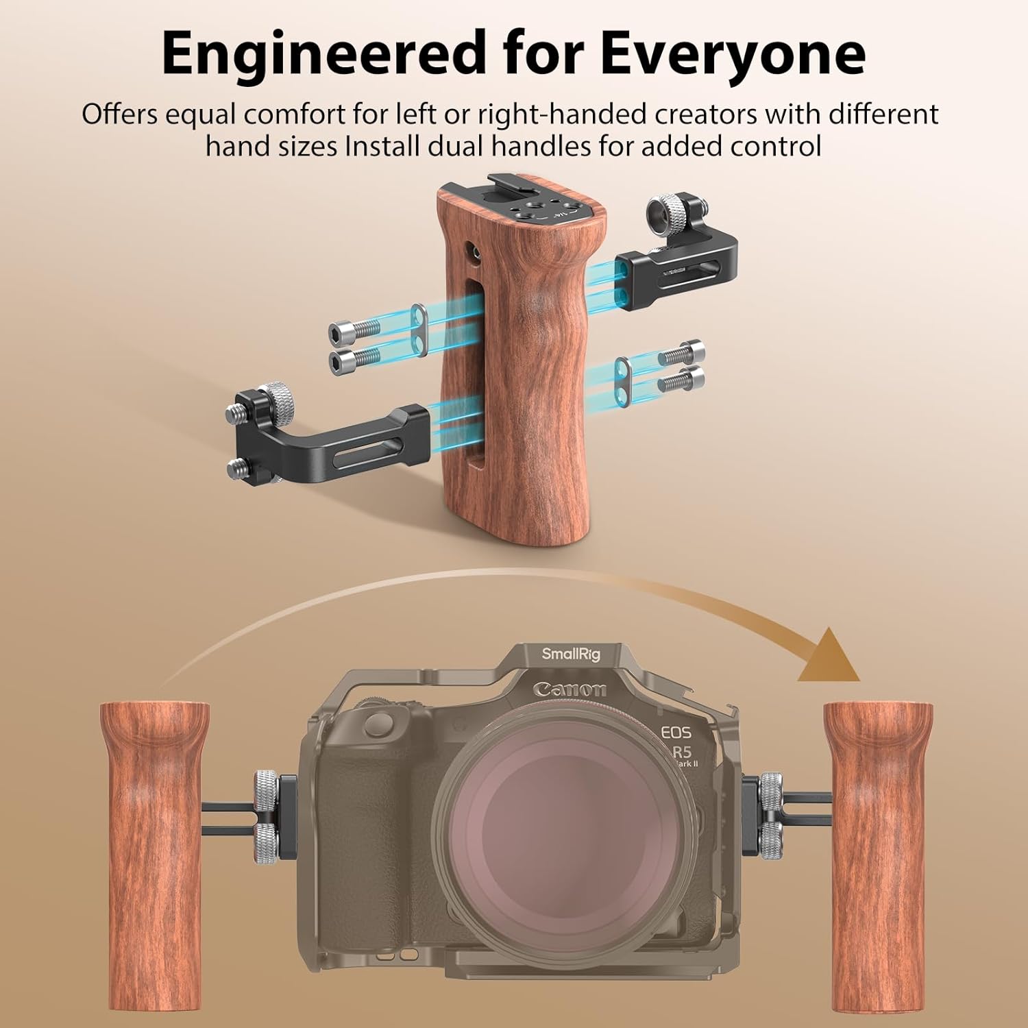 SmallRig Wooden Side Handle attached to a camera cage with 1/4-20 screws