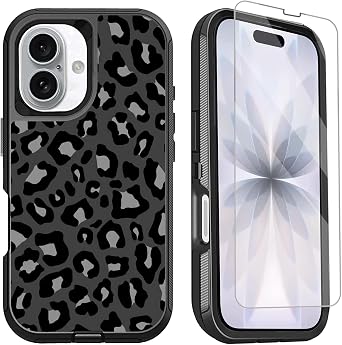 for iPhone 17 Case with Screen Protector Cute Black and Grey Leopard Print Design, Full Body Rugged Heavy Duty Shockproof Cheetah Phone Case for iPhone 17, 6.3inch