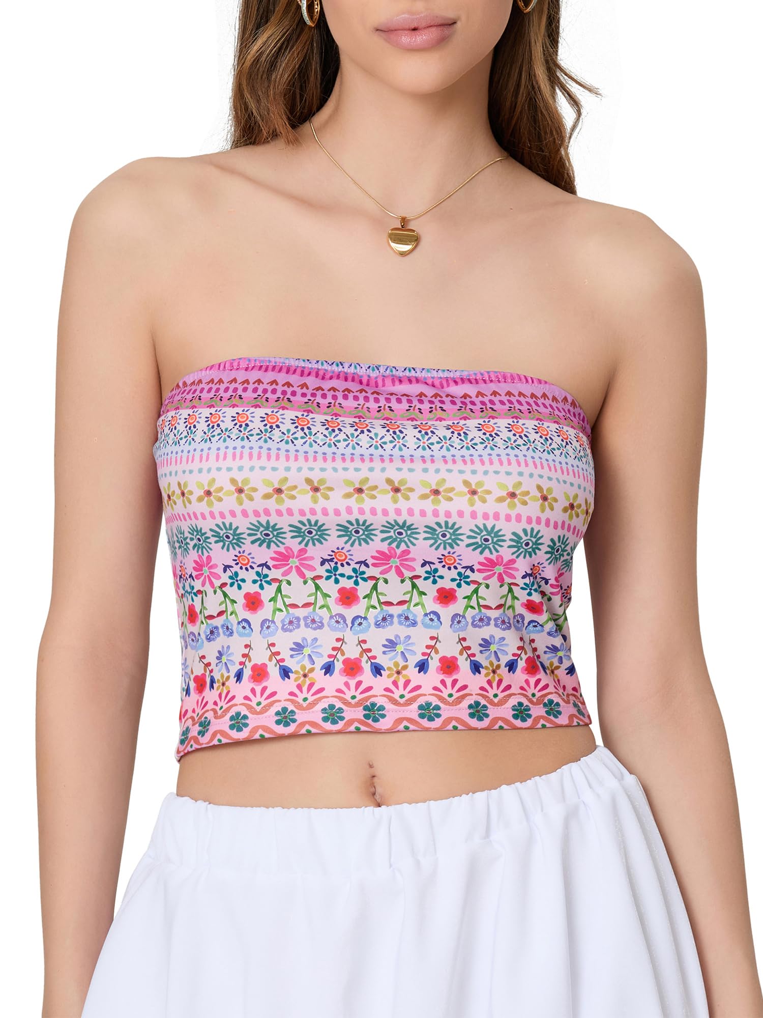 SANSIWU Women Y2k Floral Tube Tops Flower Print Sleeveless Strapless Crop Tank Tops Vintage Aesthetic Backless Bandeau Tops (D-Pink, L)