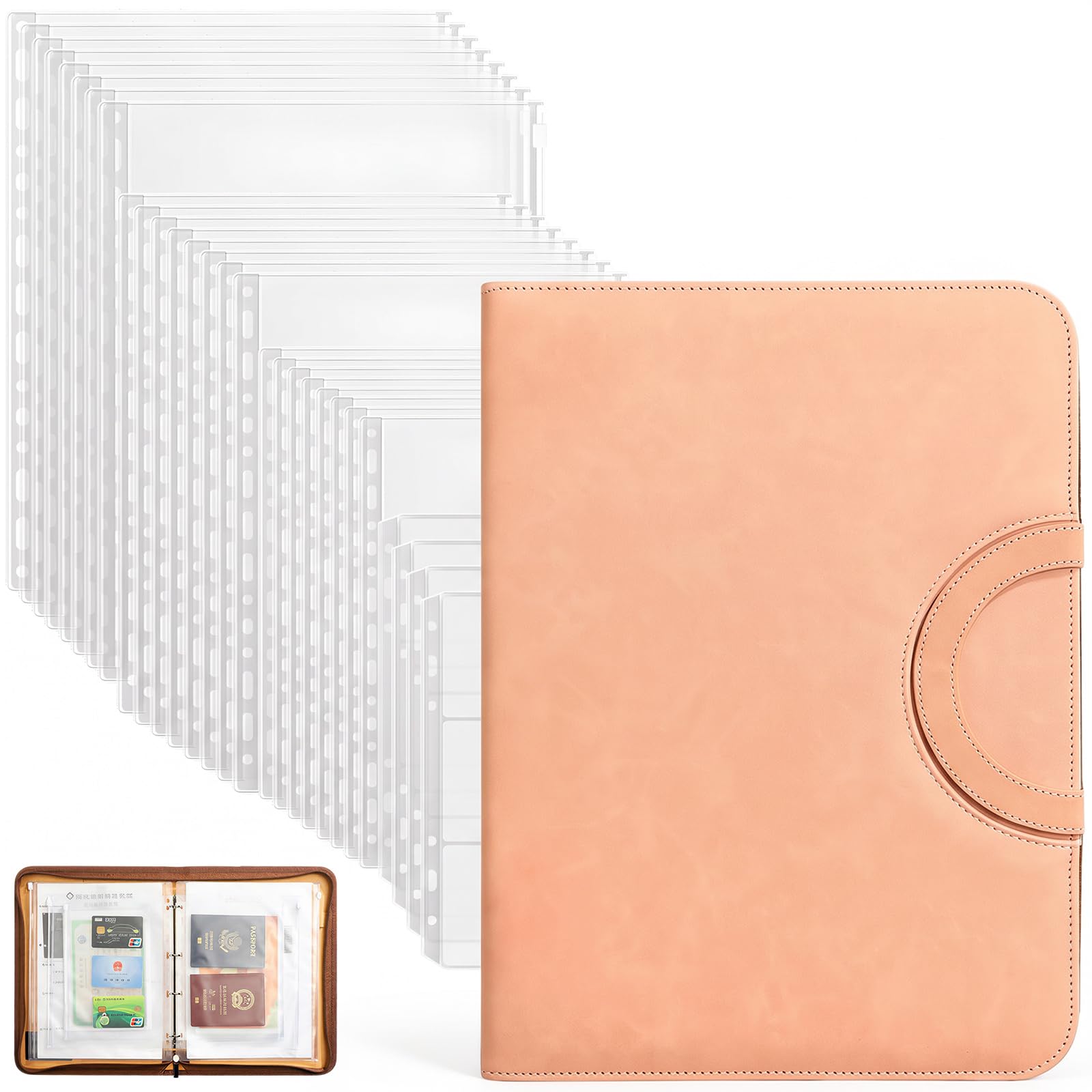 A4 Ring Binder Display Folders, Presentation 3 Ring Binder Folders, Leather Folder, Binder Organizer Waterproof 28 Binder Pockets with Zippers Popper, Suitable for Home, Offices, Business, School-Pink