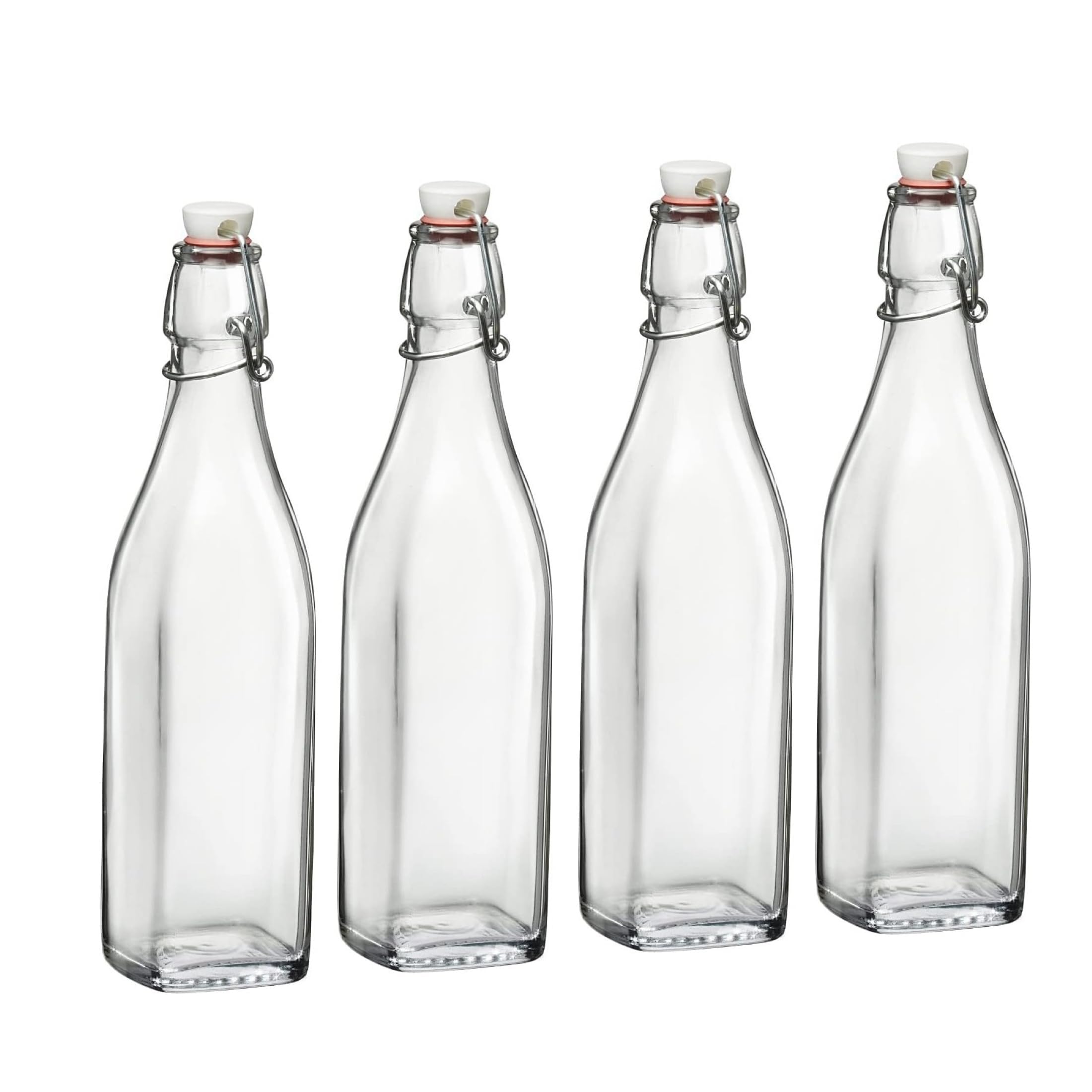 Swing Glass Bottles 33.75 oz – Set of 4 – Airtight Swing-Top Clear Glass Beverage Bottles for Water, Juice, Homemade Infused Drinks, Office & Kitchen Storage
