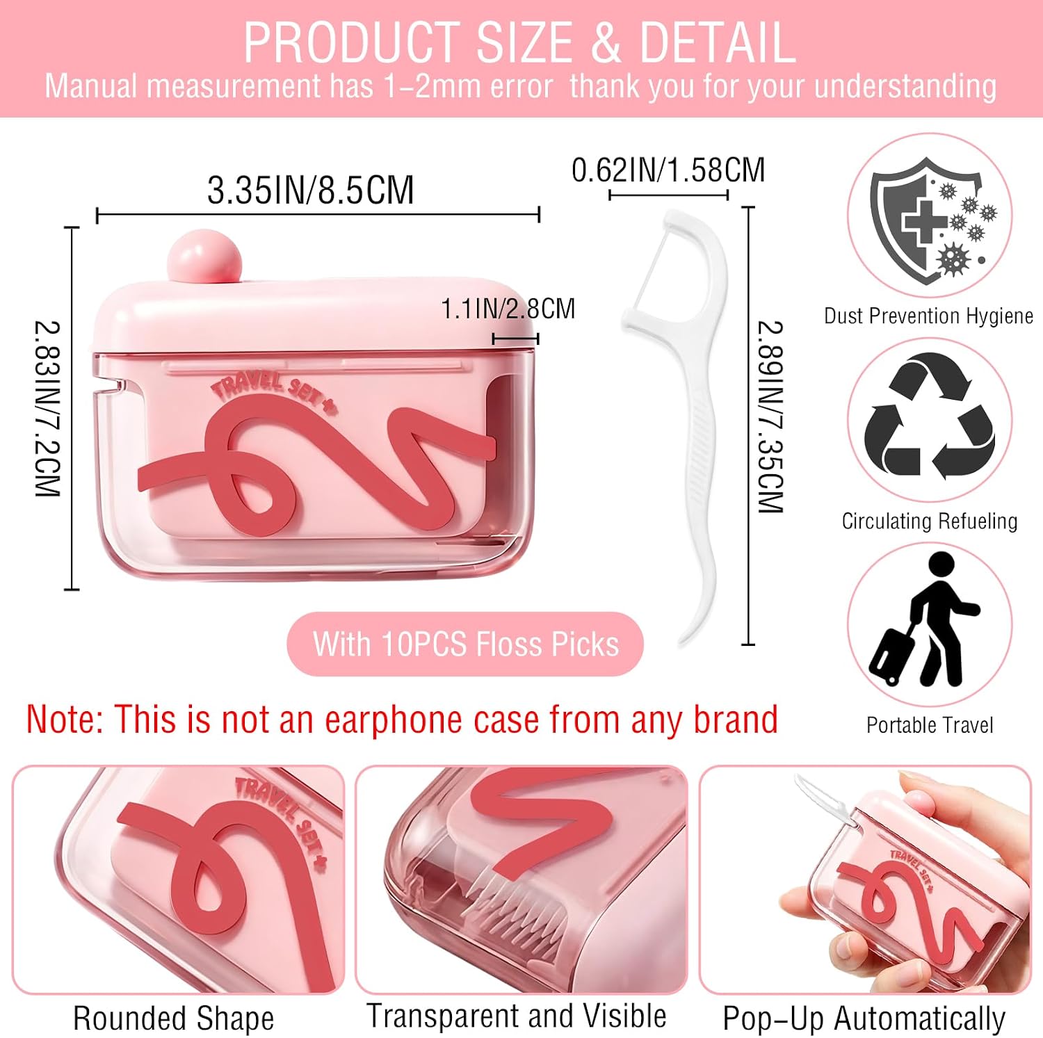 Floss Pick Holder,Portable Dental Floss Picks Travel Case with 10 Floss Picks,Automatic Pop-up Travel Floss Dispenser,Refillable Floss Container Organizer for Home,Restaurant,Travelling Hotels Dinners