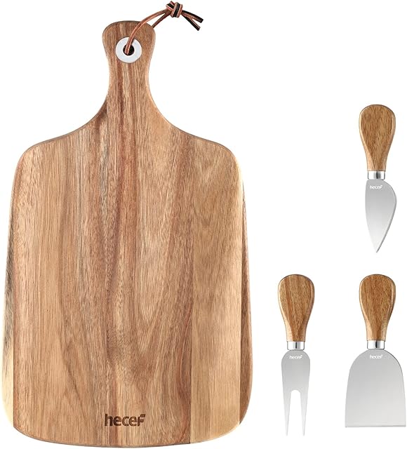 hecef Cheese Board and Knife Set, Large Charcuterie Boards with 3 Knives, Acacia Wood Cheese Serving Tray